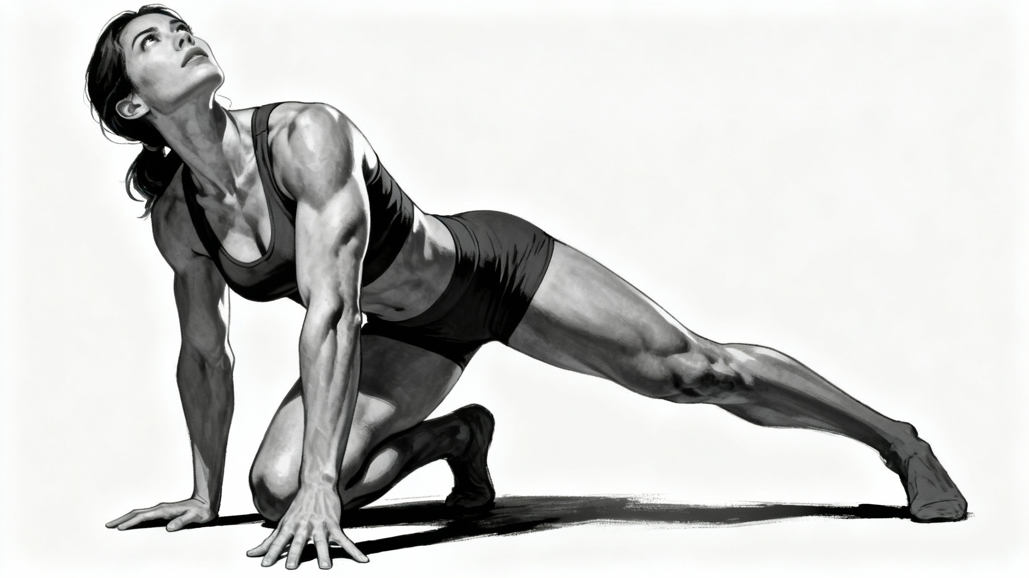 A digital illustration of a muscular woman in a dynamic 'superhero landing' pose, serving as an art reference for drawing heroic characters, set against a clean white background.