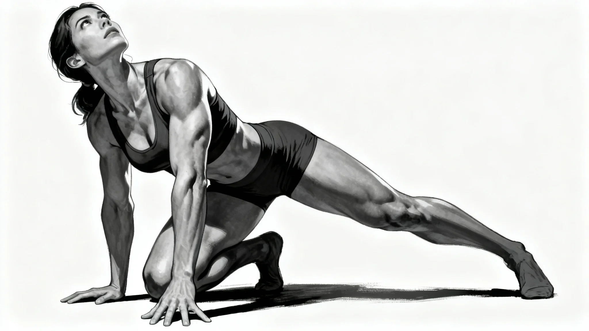 A digital illustration of a muscular woman in a dynamic 'superhero landing' pose, serving as an art reference for drawing heroic characters, set against a clean white background.