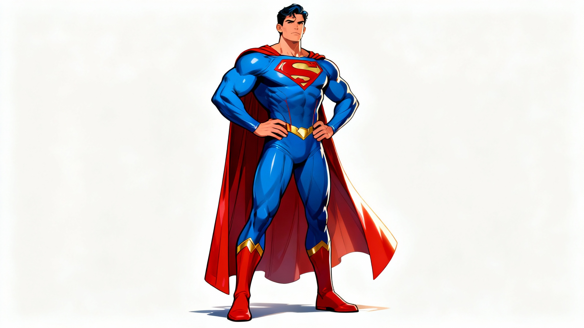 A digital illustration of a superhero in a red and blue costume standing in a classic hero pose with hands on hips against a plain white background.