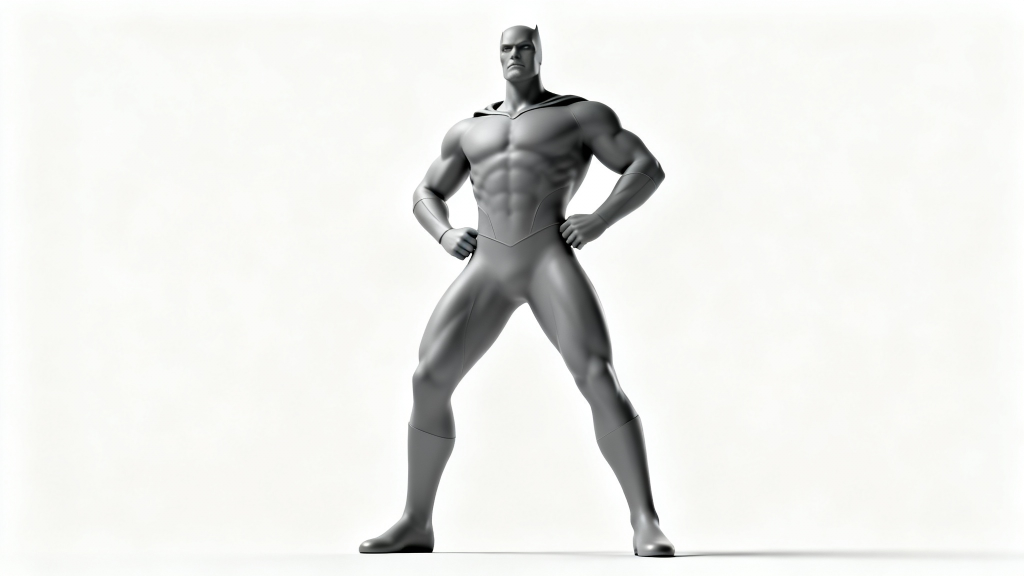 A 3D render of a muscular superhero figure in a dynamic hero pose, hands on hips, viewed from a low angle. The character is designed for artistic reference and is set against a stark white background.