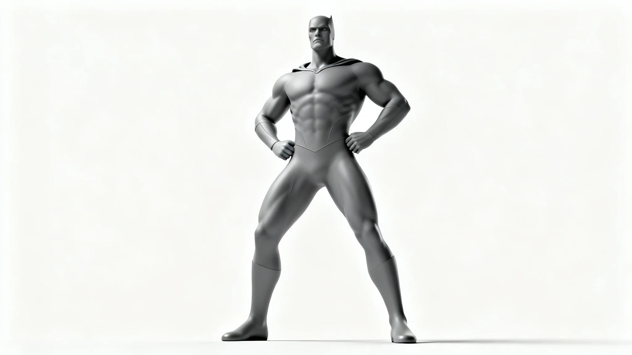 A 3D render of a muscular superhero figure in a dynamic hero pose, hands on hips, viewed from a low angle. The character is designed for artistic reference and is set against a stark white background.