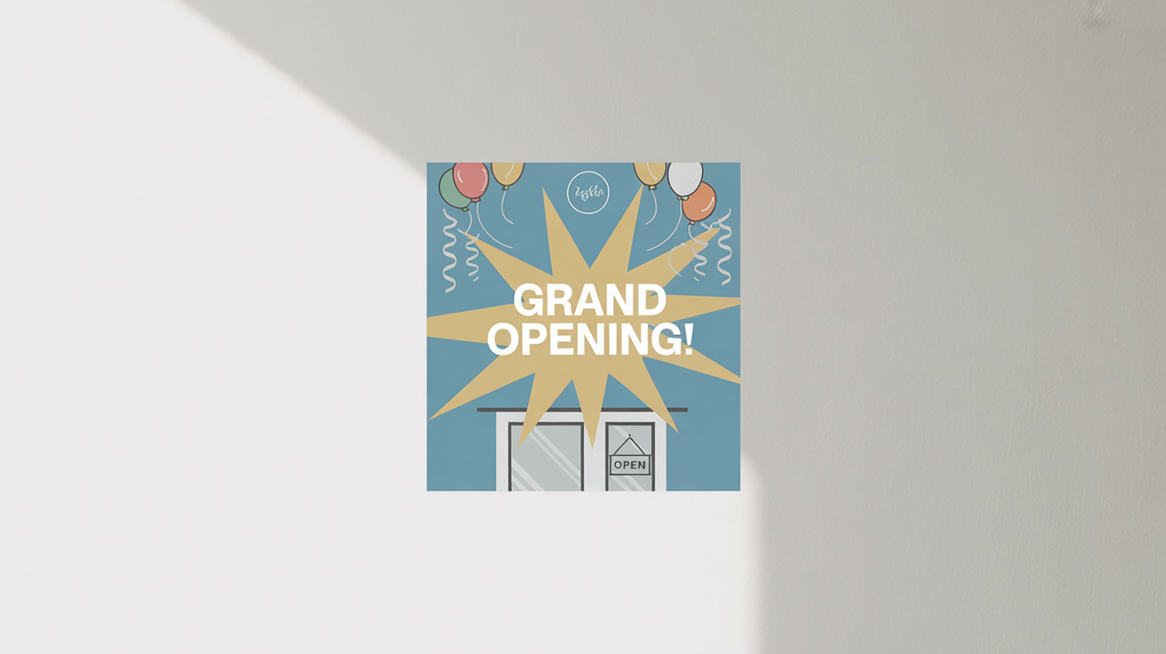 A vibrant grand opening announcement graphic for Facebook. It features a blue background, a large yellow starburst with the text 'GRAND OPENING!', and festive illustrations of balloons and a storefront.