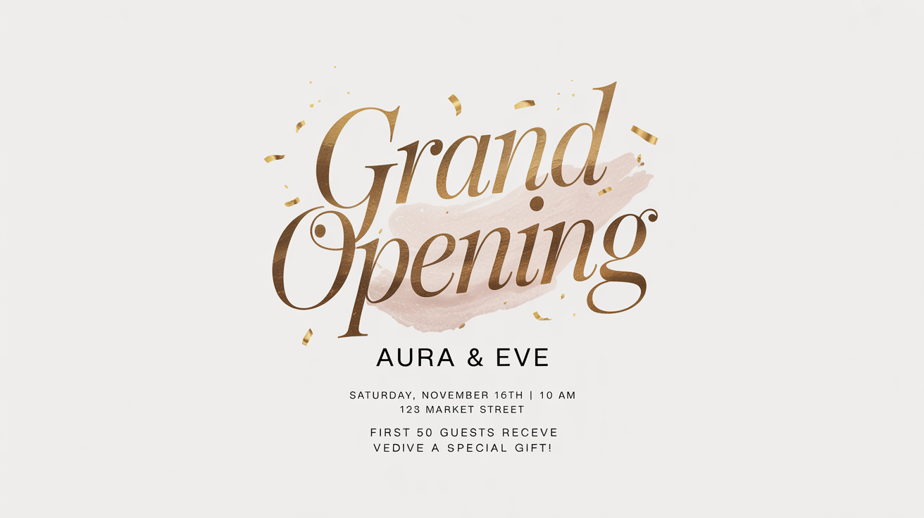 A mockup of a chic Facebook post announcing the 'Grand Opening' of a fictional boutique named 'AURA & EVE'. The design features elegant gold text, event details, and is set against a white background with blush pink watercolor accents.