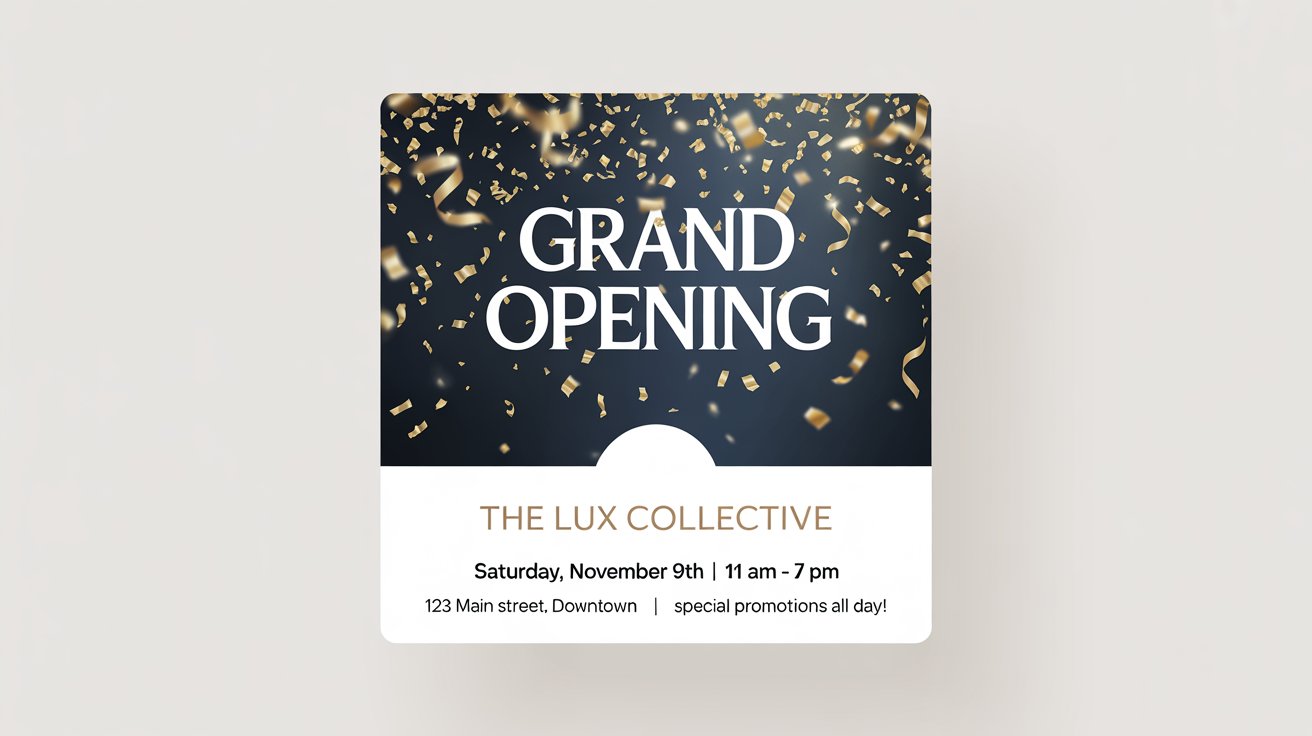 A mockup of a stylish Facebook post for a grand opening. The design features a navy blue background with gold confetti and white and gold text announcing the event for 'The Lux Collective' on Saturday, November 9th.