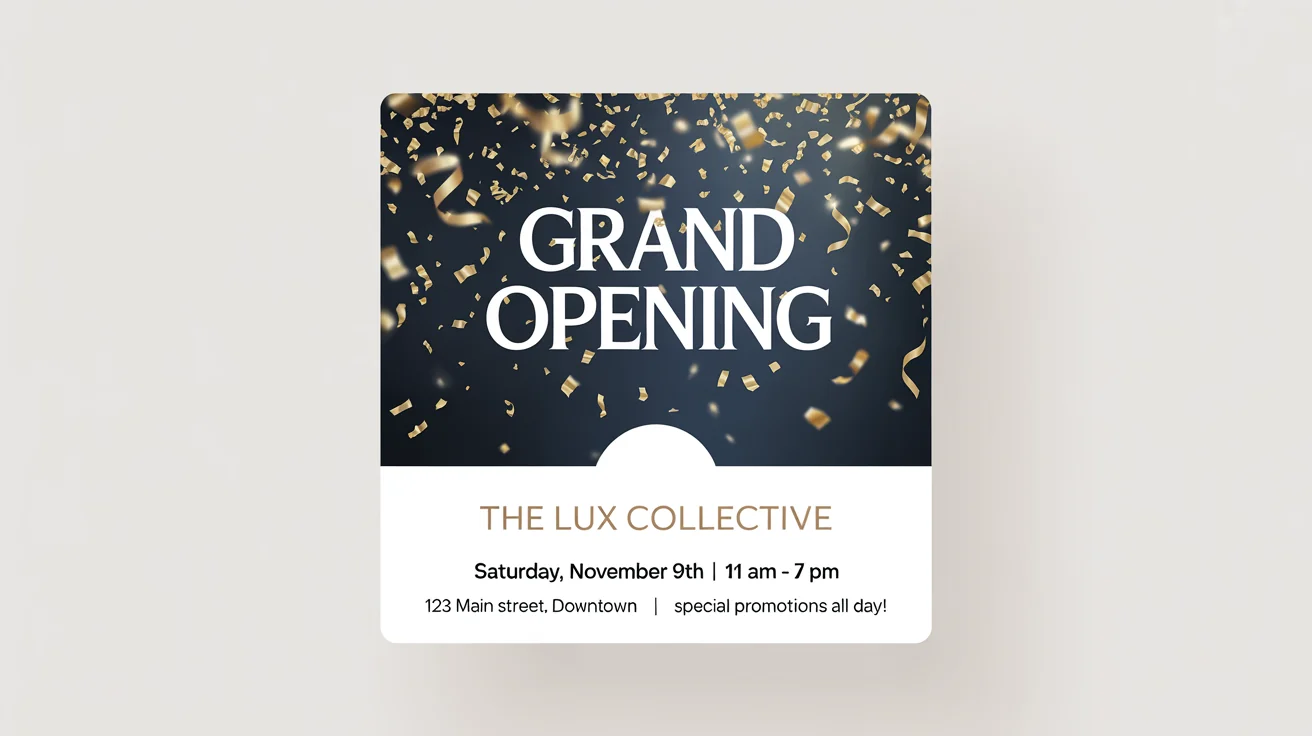 A mockup of a stylish Facebook post for a grand opening. The design features a navy blue background with gold confetti and white and gold text announcing the event for 'The Lux Collective' on Saturday, November 9th.