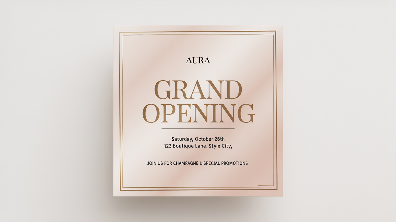 A mockup of an elegant Facebook post for the grand opening of a boutique named 'AURA'. The post has a blush pink background, gold and white text announcing the event, and is displayed on a white background.