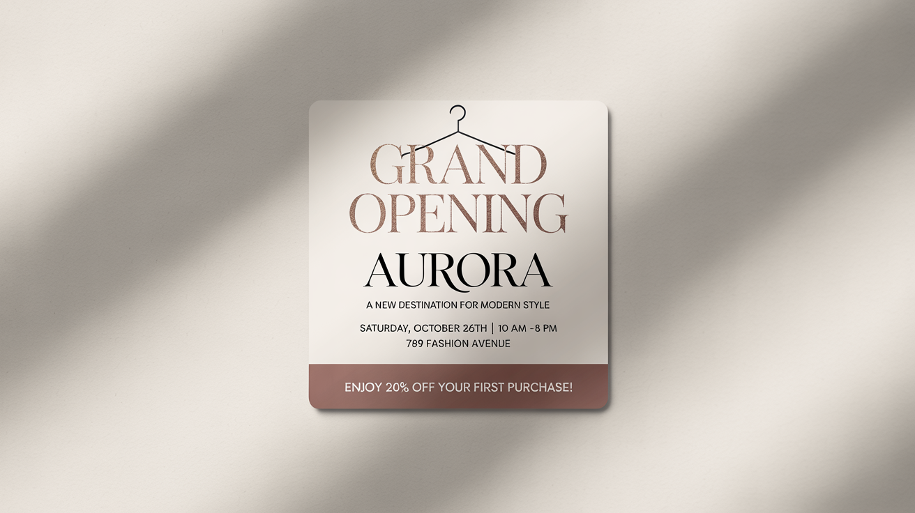 A mockup of a chic social media post announcing the grand opening of a boutique named 'AURORA'. The design features gold, dusty rose, and charcoal colors, with legible text detailing the event date, address, and a special discount.