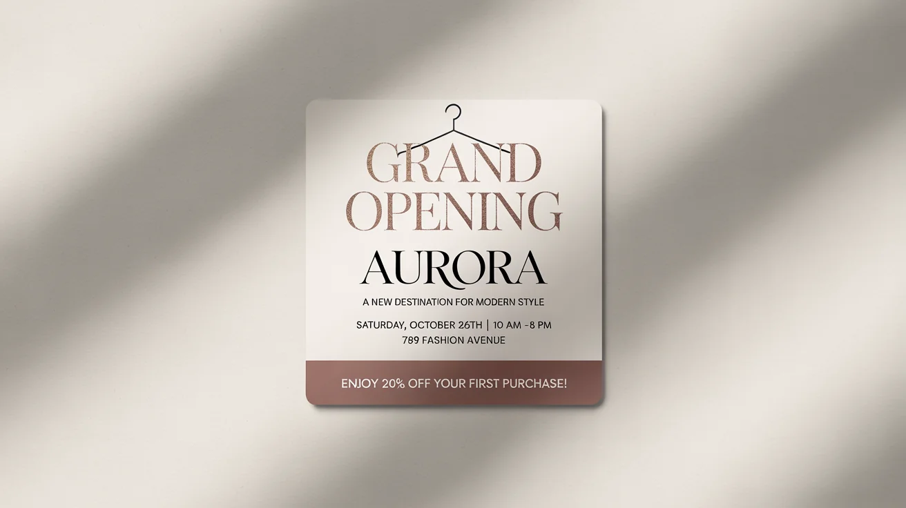 A mockup of a chic social media post announcing the grand opening of a boutique named 'AURORA'. The design features gold, dusty rose, and charcoal colors, with legible text detailing the event date, address, and a special discount.