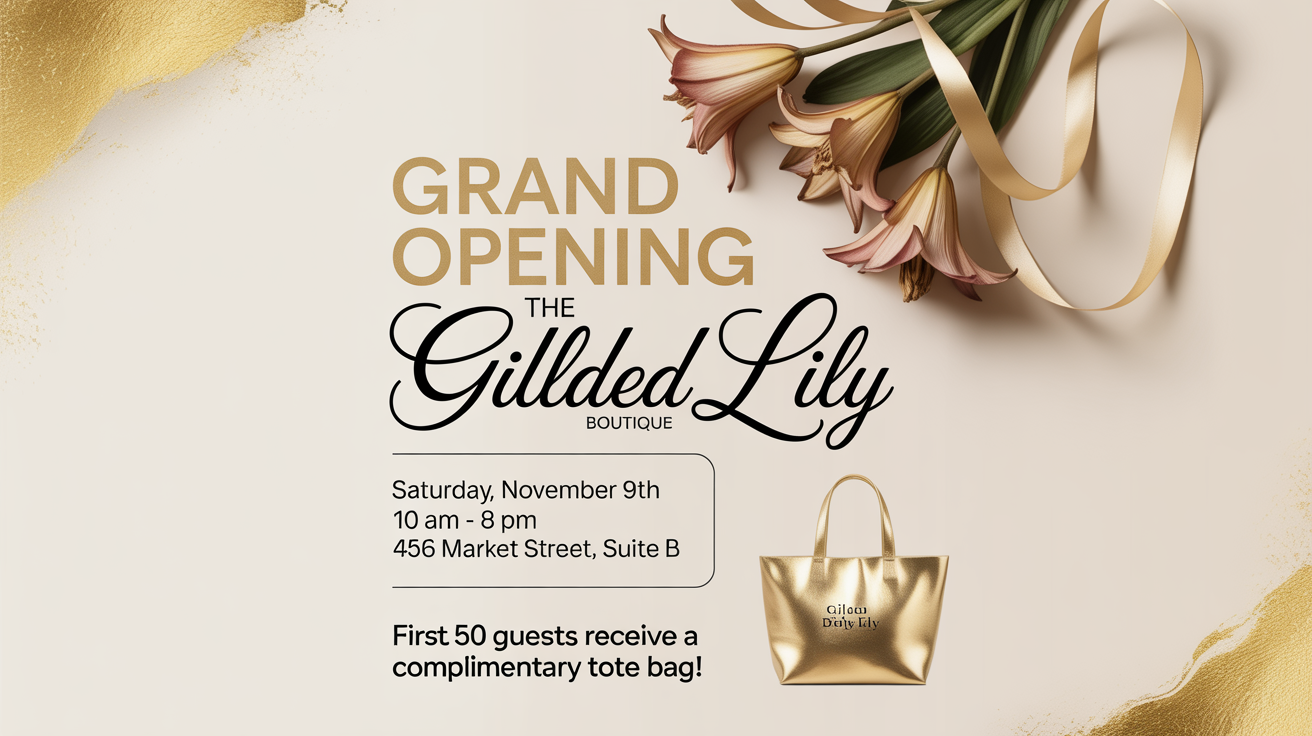 A mockup of a sophisticated Facebook post announcing the grand opening of a boutique named 'The Gilded Lily'. The design is cream and gold, featuring event details and a special offer for the first 50 guests.
