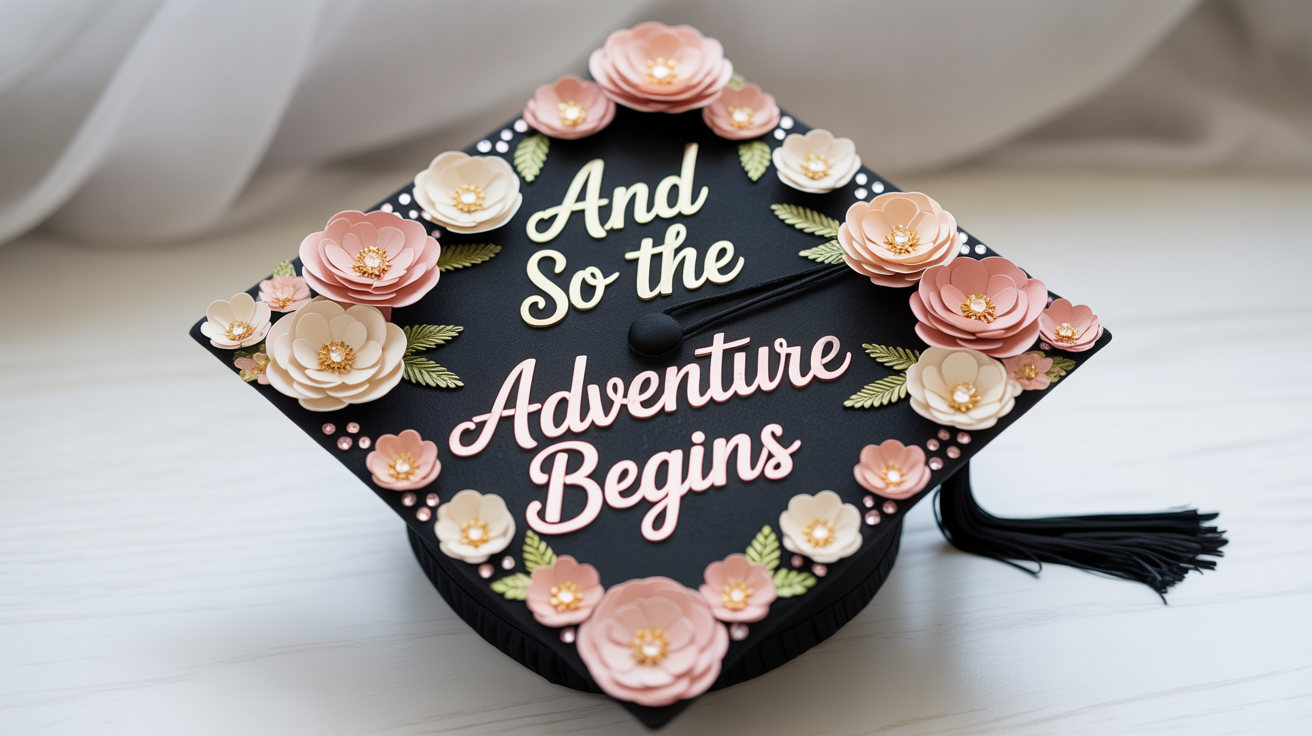 An overhead view of a graduation cap decorated with intricate paper flowers and the words 'And so the adventure begins' in gold script, representing a finished graduation cap design.