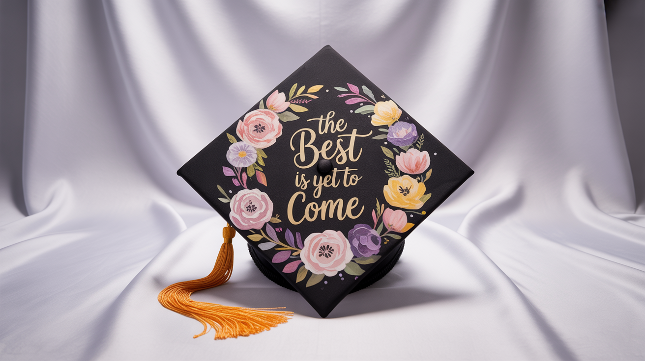 A decorated black graduation cap on a white background, featuring a painted floral wreath and the words 'The Best is Yet to Come' in gold script.