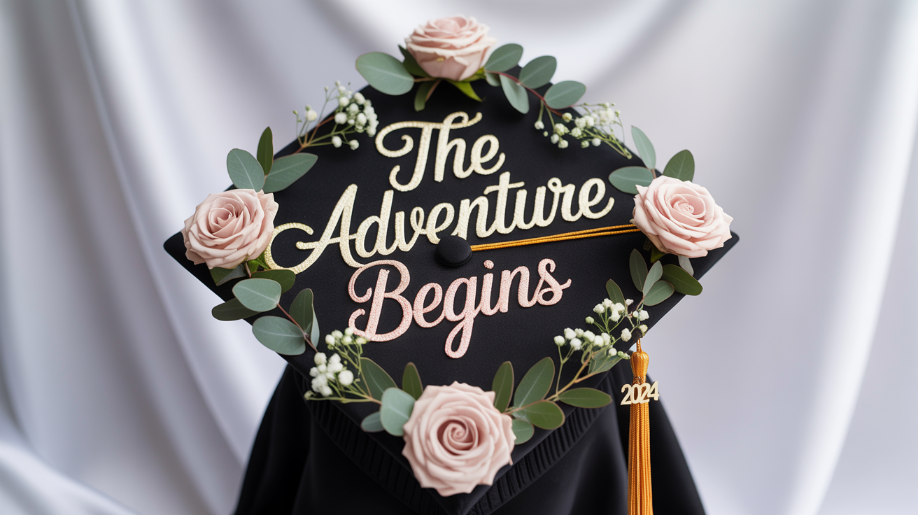 A decorated black graduation cap on a white background. The cap features the words 'The Adventure Begins' in gold script, surrounded by painted pink and white flowers.