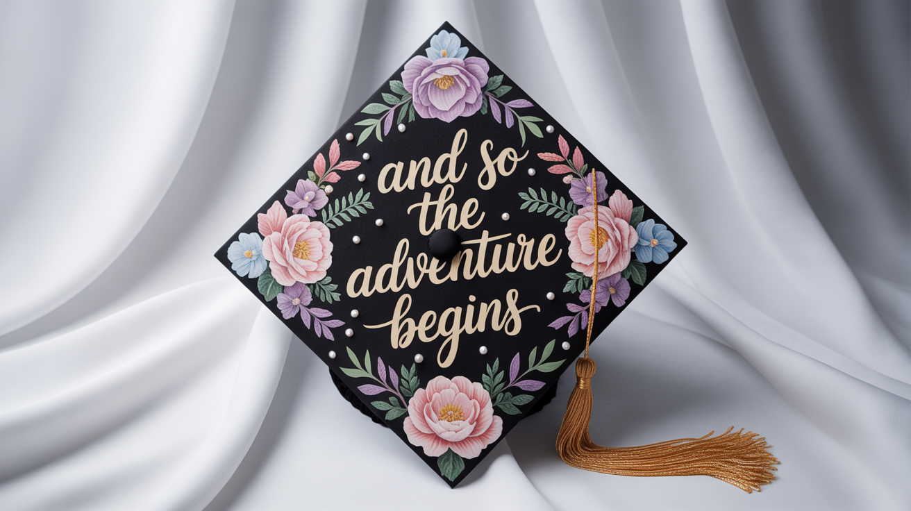 A decorated graduation cap on a white background, featuring pastel floral paintings and the quote 'And So The Adventure Begins' in gold script.