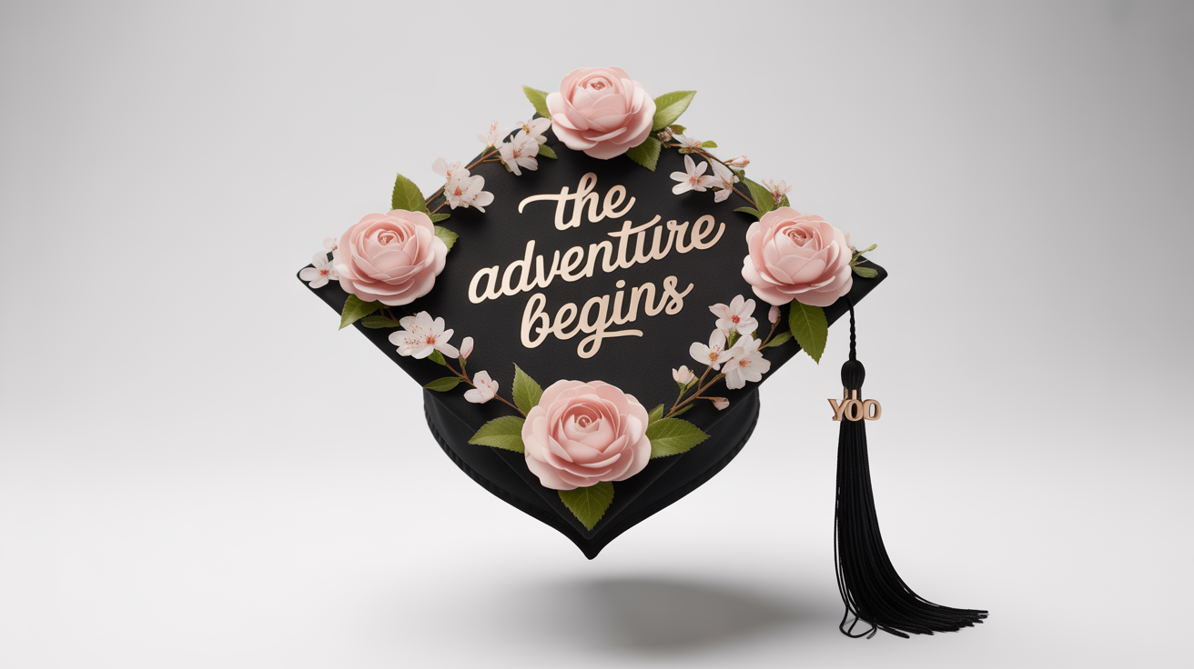 A close-up of a decorated black graduation cap on a white background, featuring pink and white flowers and the text 'The Adventure Begins' in gold script.