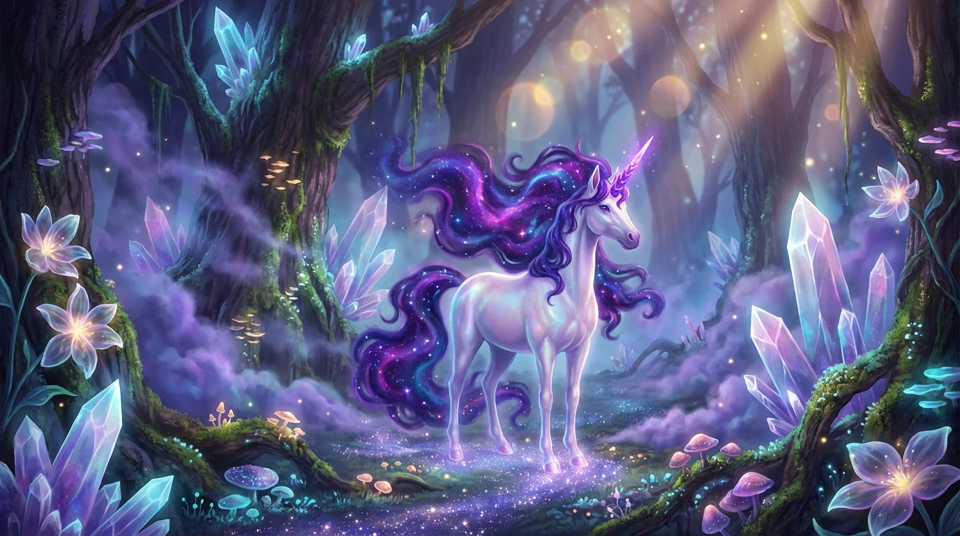 A stunning piece of concept art showing a majestic unicorn in a magical crystal forest at twilight. The unicorn's coat shimmers like starlight, and its horn glows softly. The scene is filled with enchanting light and mystical details, showcasing a high-quality fantasy illustration.