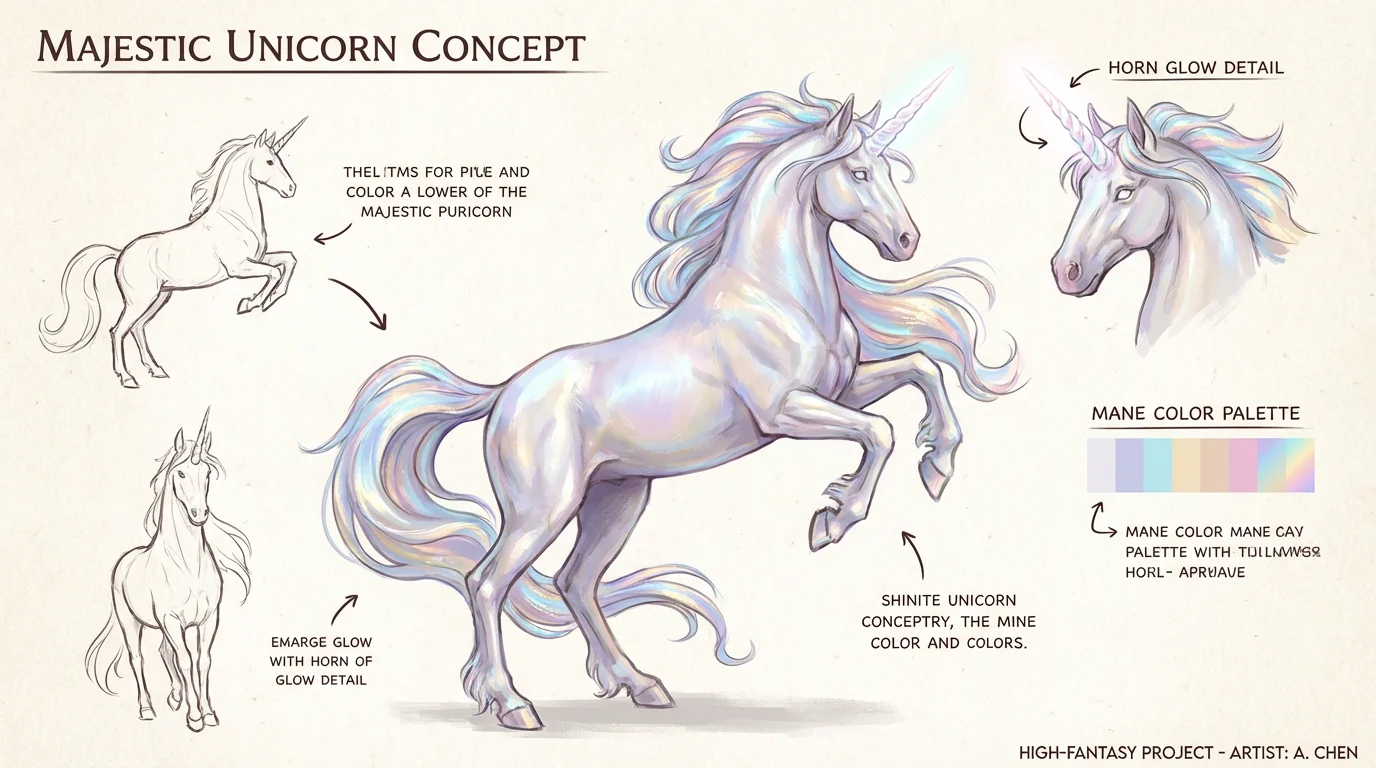 Digital concept art of a majestic, glowing unicorn with an iridescent mane, presented in a character design style against a clean, white background.