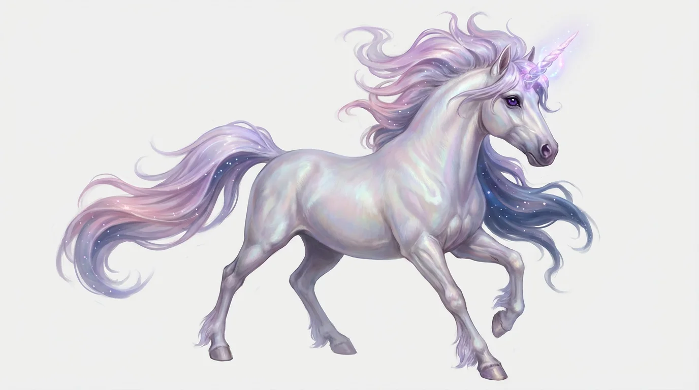 A piece of digital concept art showing a majestic unicorn with a shimmering pearlescent coat and a flowing mane of pastel colors, set against a plain white background.