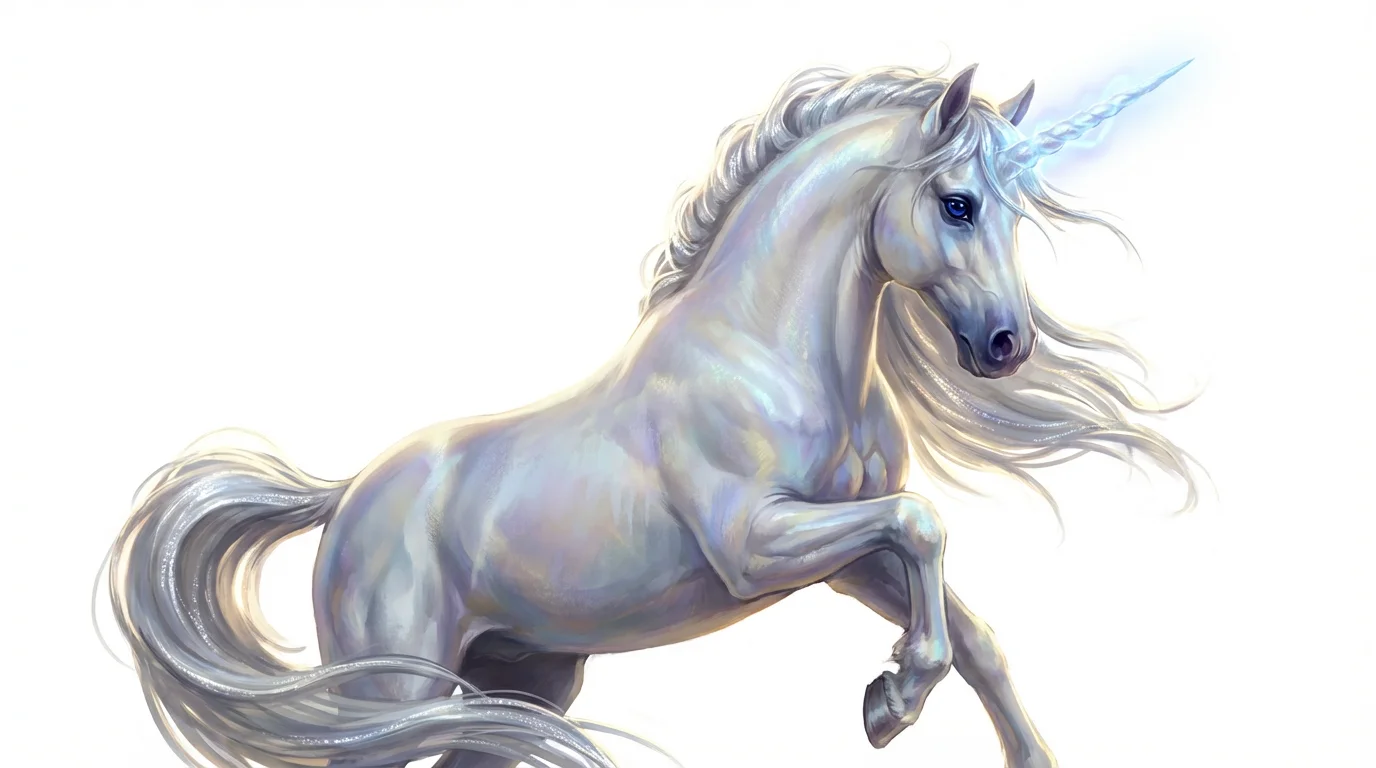 A detailed digital concept art painting of a majestic white unicorn with a glowing horn and silvery mane, set against a plain white background.