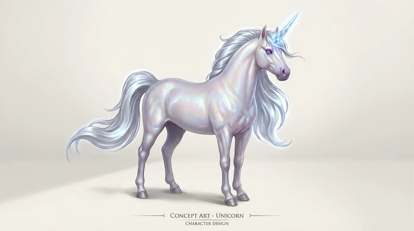 A majestic unicorn presented as a piece of high-quality concept art. It has a shimmering white coat, a silver mane, and a glowing crystal horn, all set against a plain off-white background.