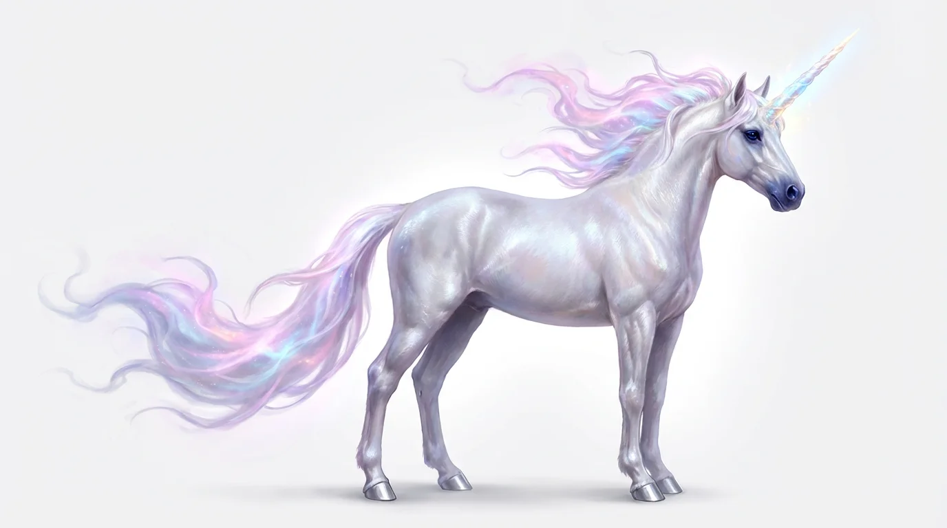 A detailed digital painting of a majestic unicorn in profile, featuring a pearlescent coat, a nebula-colored mane and tail, and a glowing crystal horn, set against a clean white background.