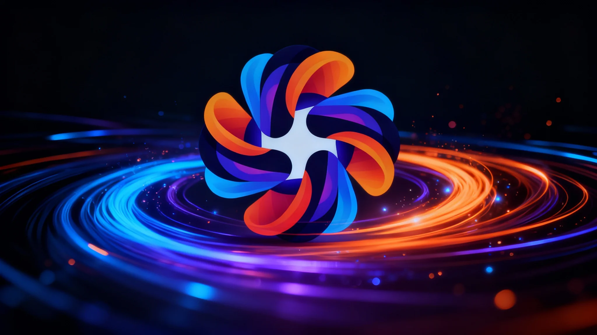 A still image from a dynamic logo animation, showing a modern abstract logo in the center. Swirling trails of blue, orange, and purple light surround the logo, creating a sense of motion and energy against a dark, clean background.