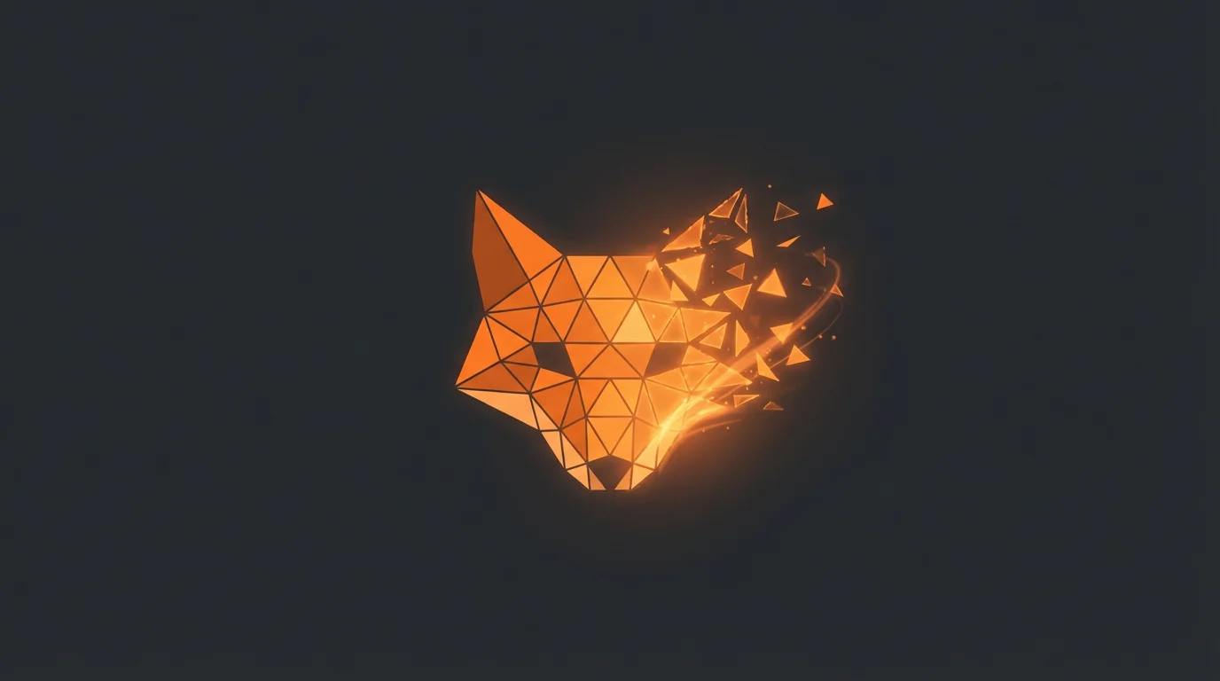 A keyframe from a logo animation, showing a geometric orange fox head logo forming from glowing particles on a dark gray background.