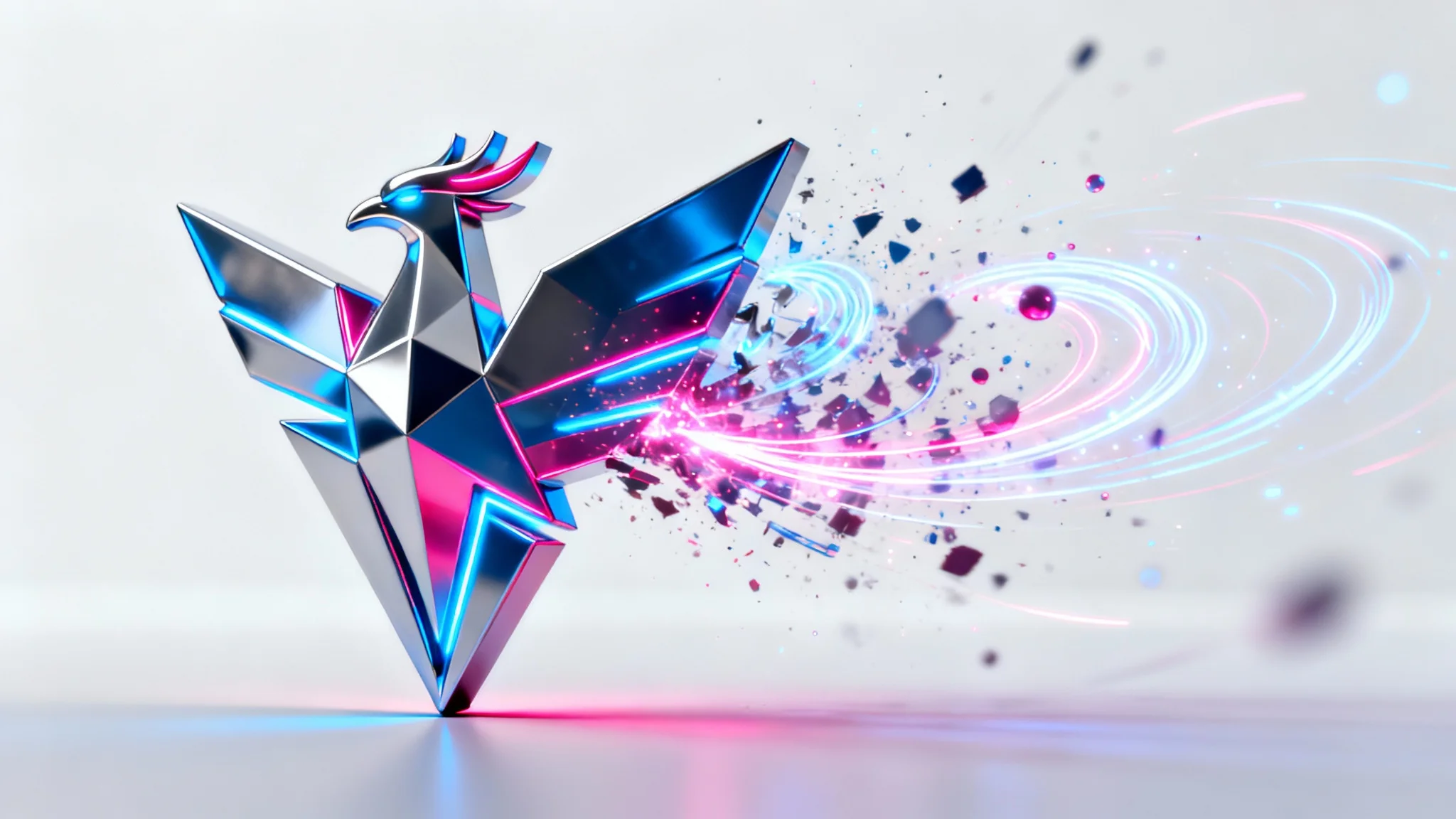 A 3D abstract logo of a geometric phoenix captured mid-animation against a white background. Half of the logo is solid metal, while the other half is exploding into a swirl of blue and magenta glowing particles, illustrating the concept of logo animation.