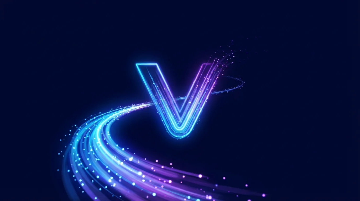 An animated logo of a glowing letter 'V' forming on a dark background, with a trail of light particles indicating its motion.
