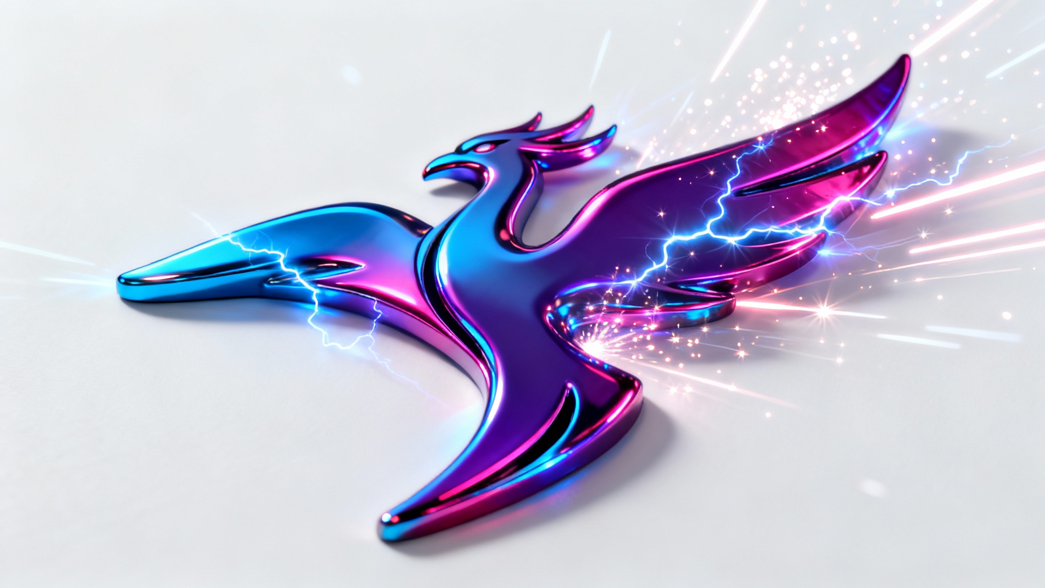 A dynamic, abstract logo of a stylized phoenix captured mid-animation, with vibrant light trails and particles exploding outwards against a clean white background.
