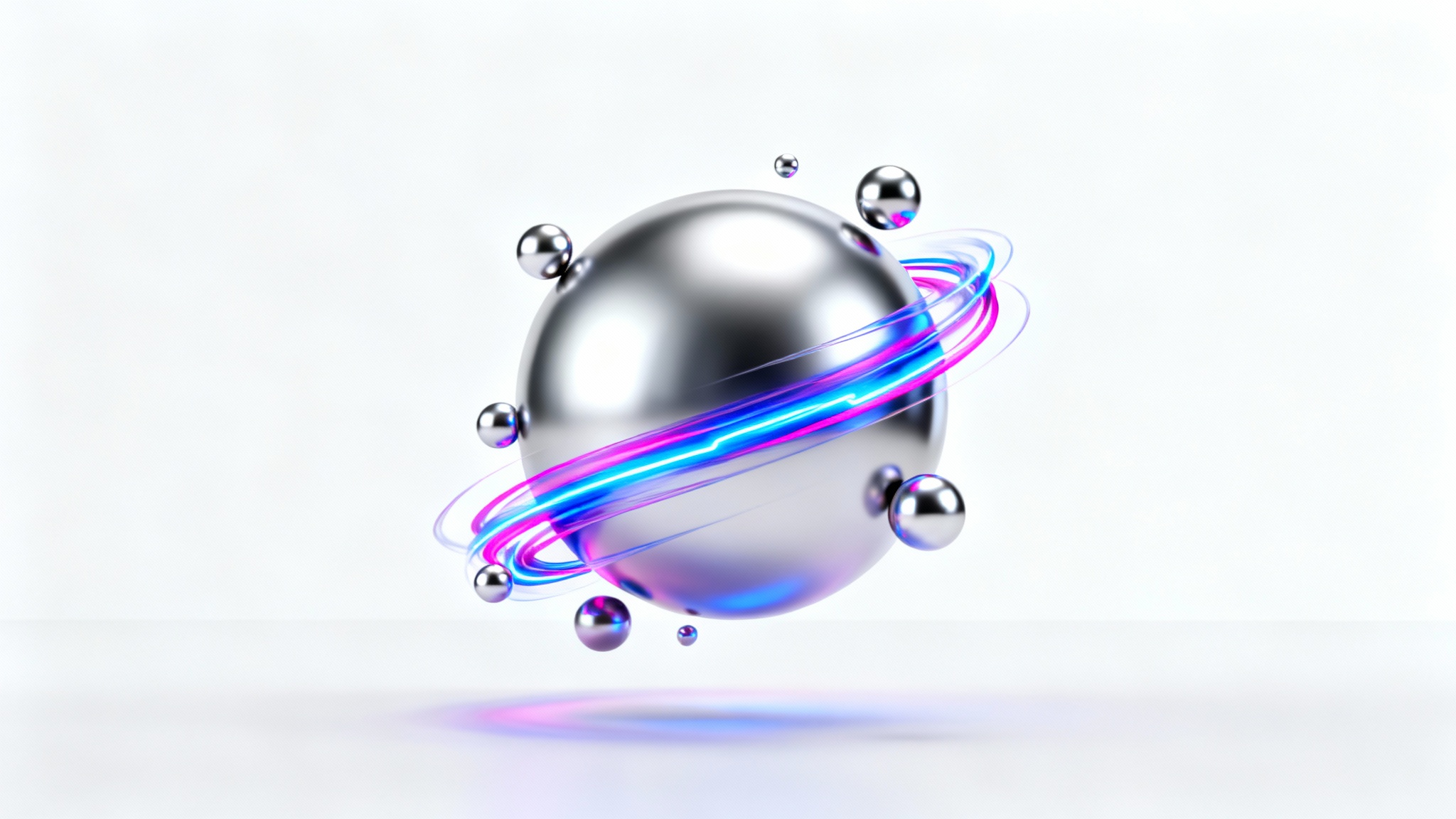A 3D mockup of a metallic sphere logo in the middle of an animation, breaking apart into smaller particles and ribbons of blue and magenta light against a stark white background.
