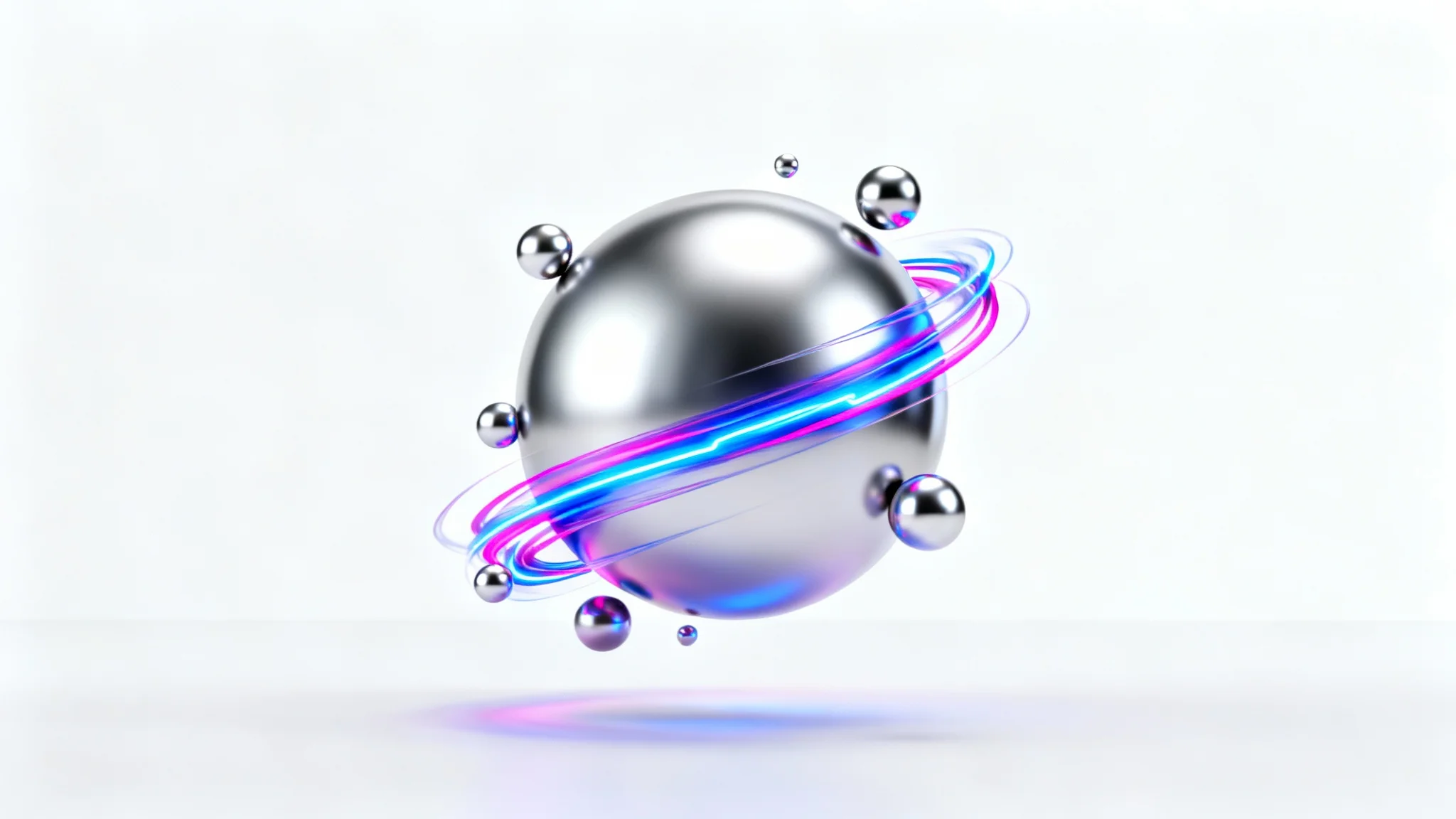A 3D mockup of a metallic sphere logo in the middle of an animation, breaking apart into smaller particles and ribbons of blue and magenta light against a stark white background.