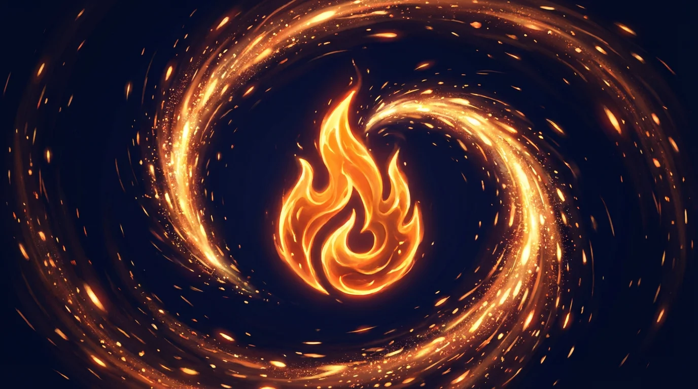 An animated logo of a fiery orange and yellow flame, with a swirling trail of light particles showing its motion path against a dark background.