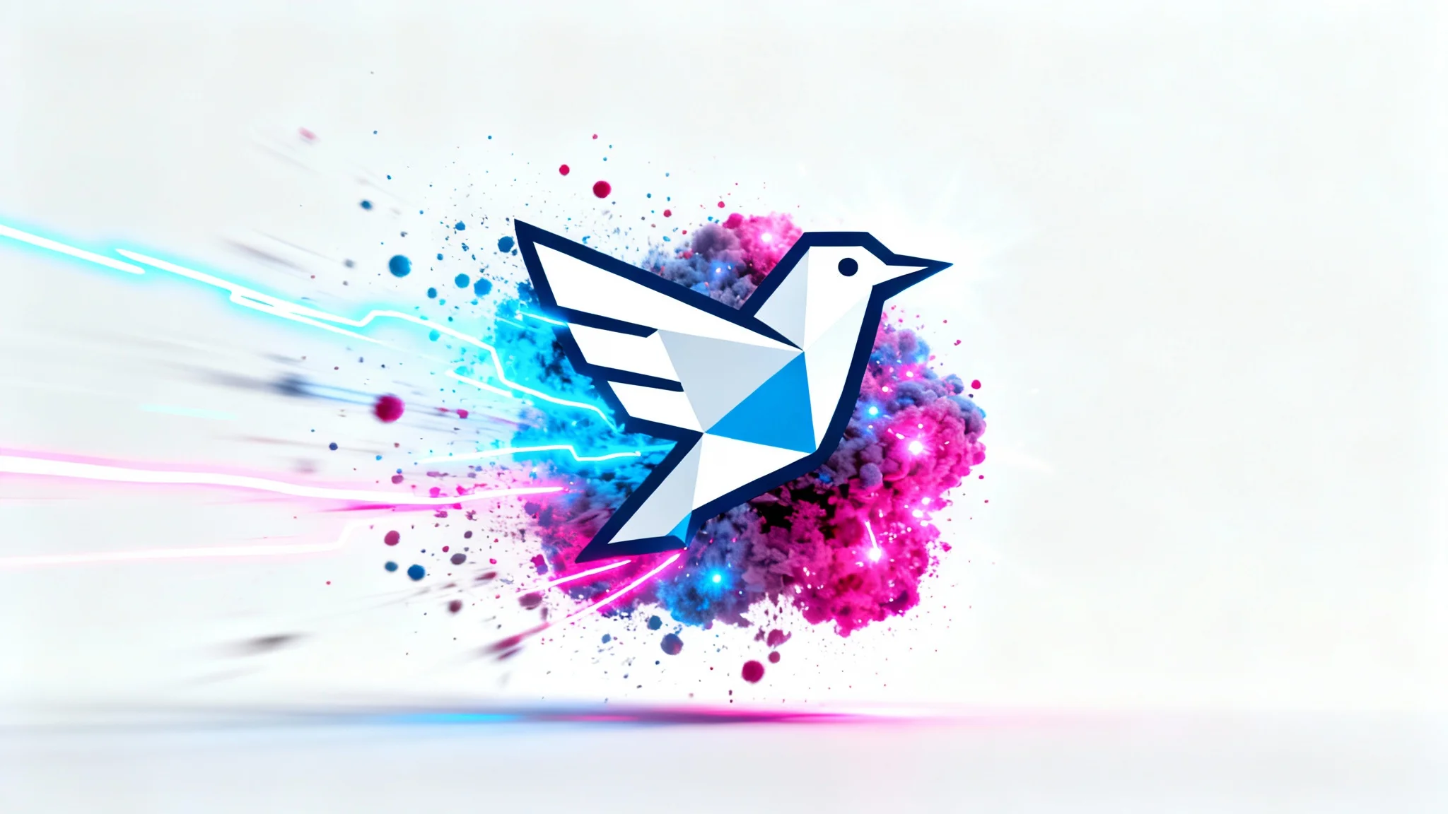 A dynamic visualization of a logo animation, featuring a stylized bird logo mid-transformation with glowing particles and vibrant light trails on a pure white background.