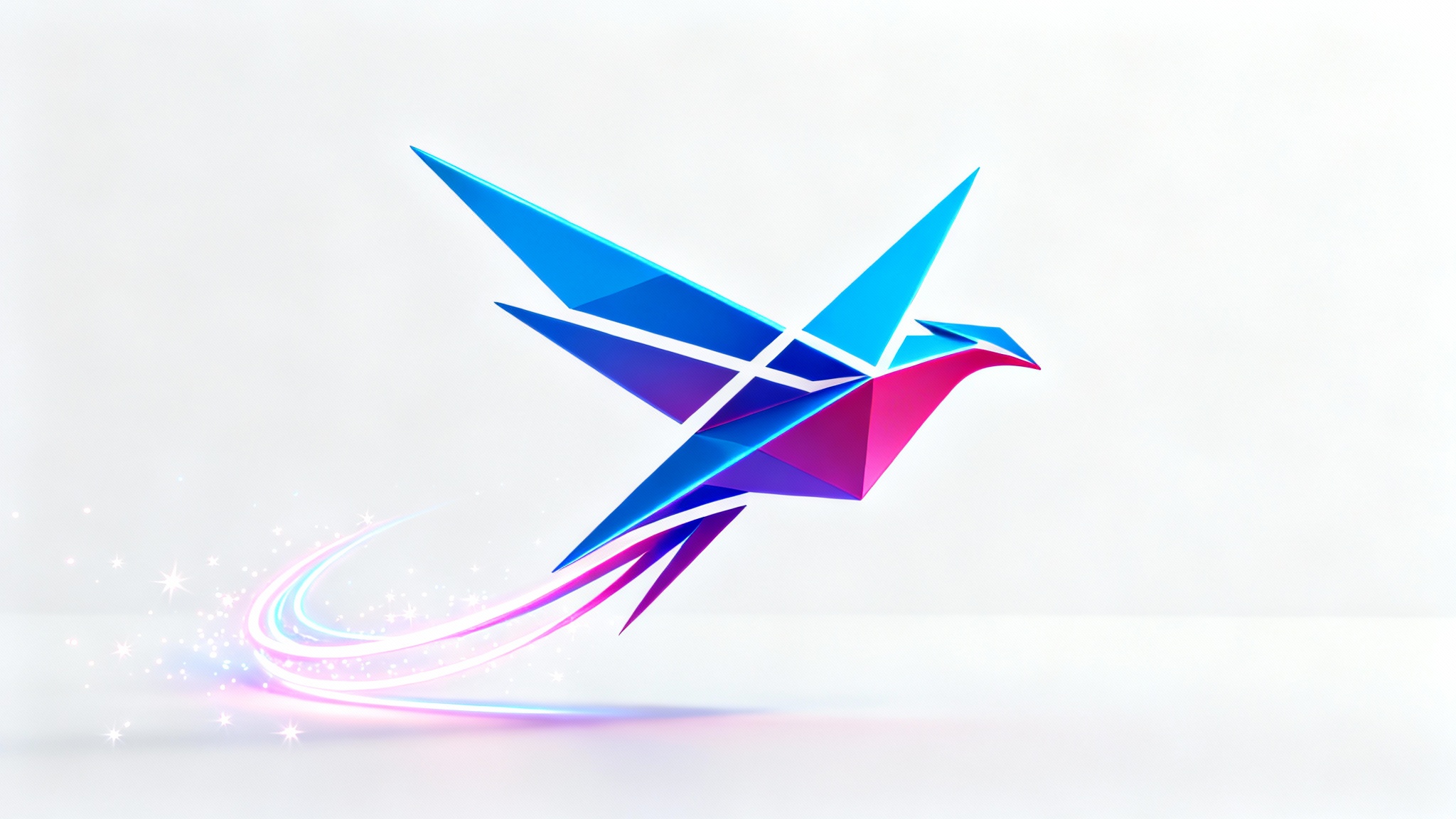 A modern, abstract logo in blue and magenta is shown mid-animation, leaving a trail of glowing light and particles against a white background, representing logo animation.