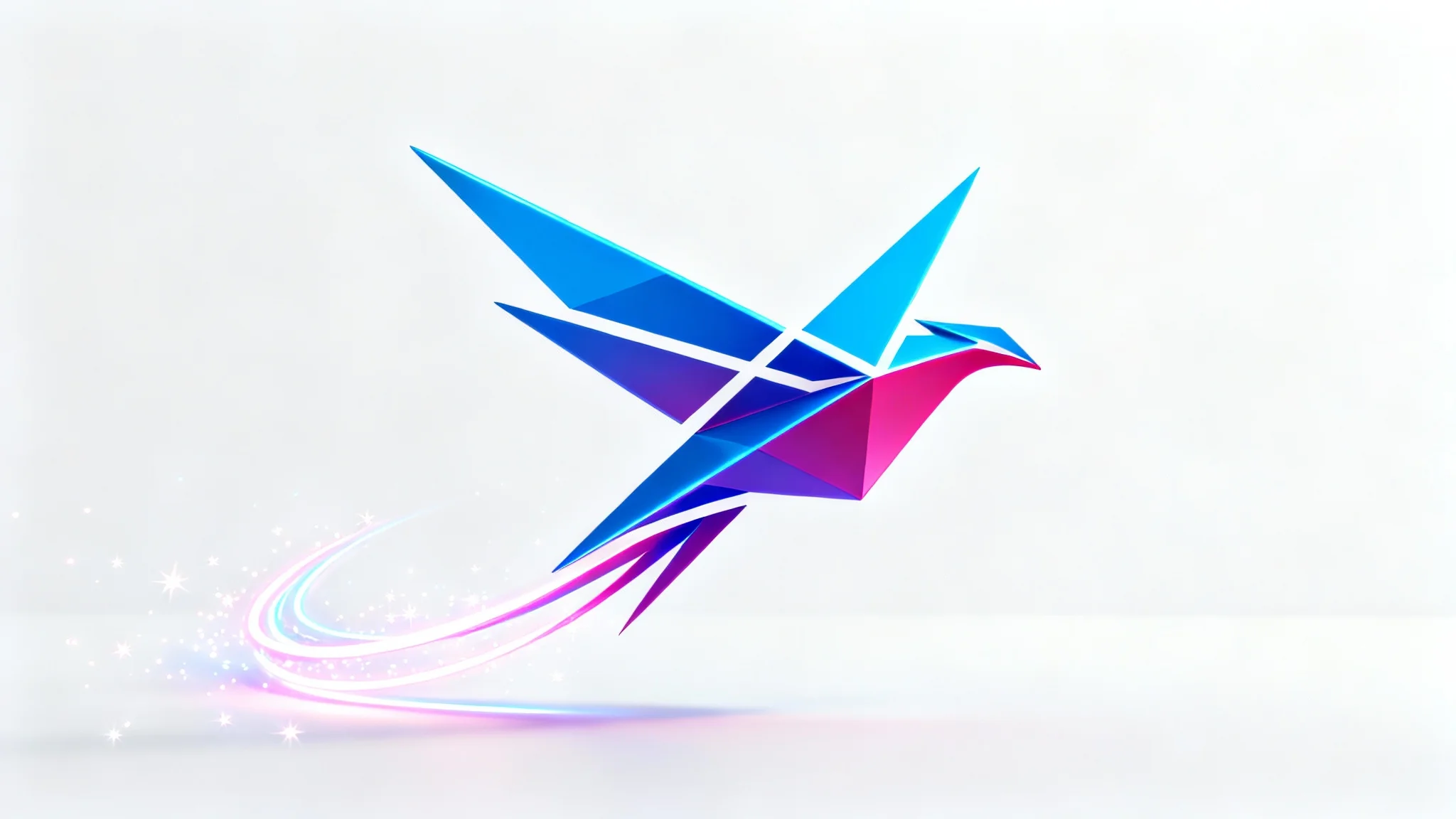 A modern, abstract logo in blue and magenta is shown mid-animation, leaving a trail of glowing light and particles against a white background, representing logo animation.