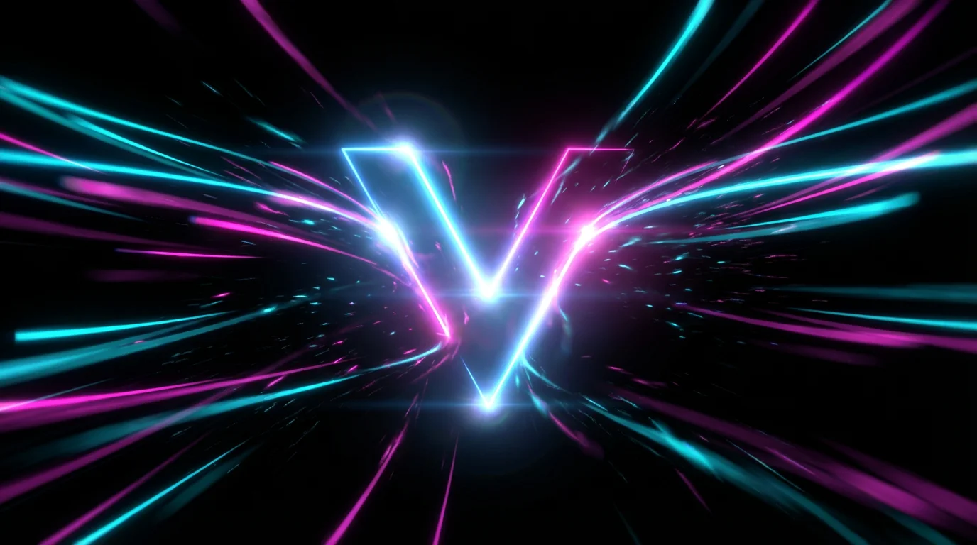 A logo captured in a moment of animation, with pink and blue light streaks converging to form a letter 'V' on a black background.