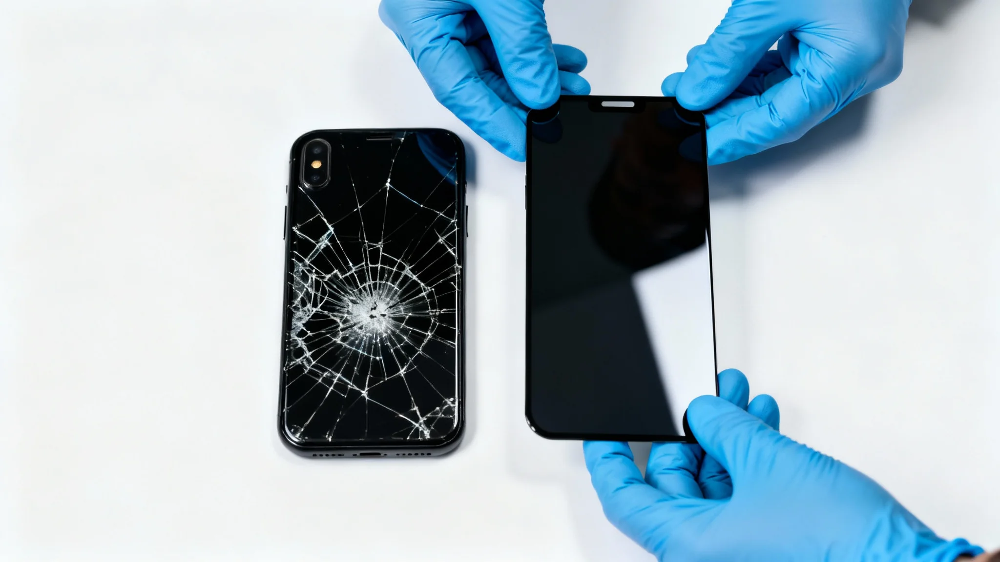 A close-up, top-down view of a smartphone on a white background, half of its screen is shattered and the other half is a new, pristine screen being installed by a technician.
