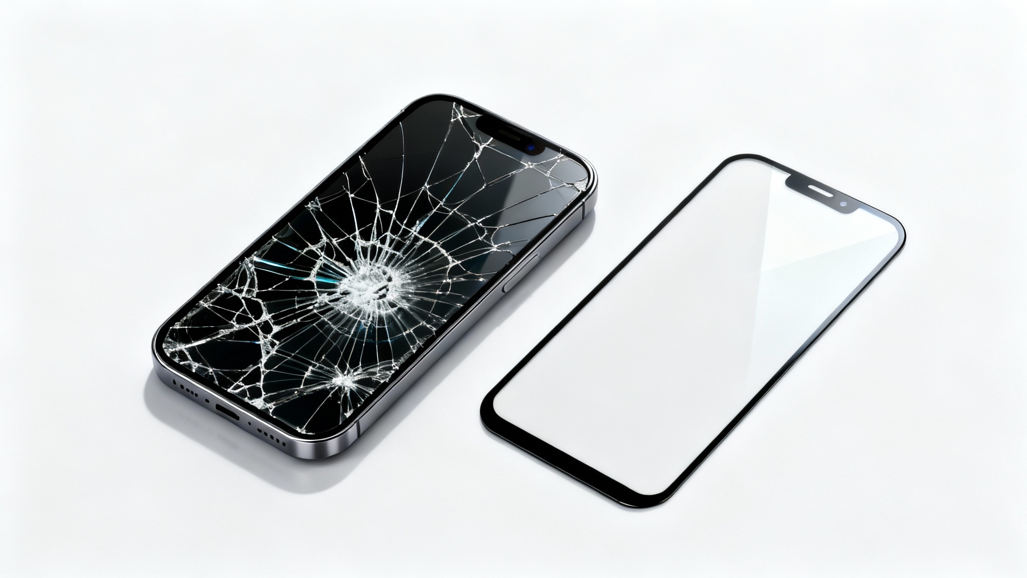 A smartphone with a shattered screen lies next to a brand new, pristine replacement screen on a white background, illustrating a phone screen replacement service.
