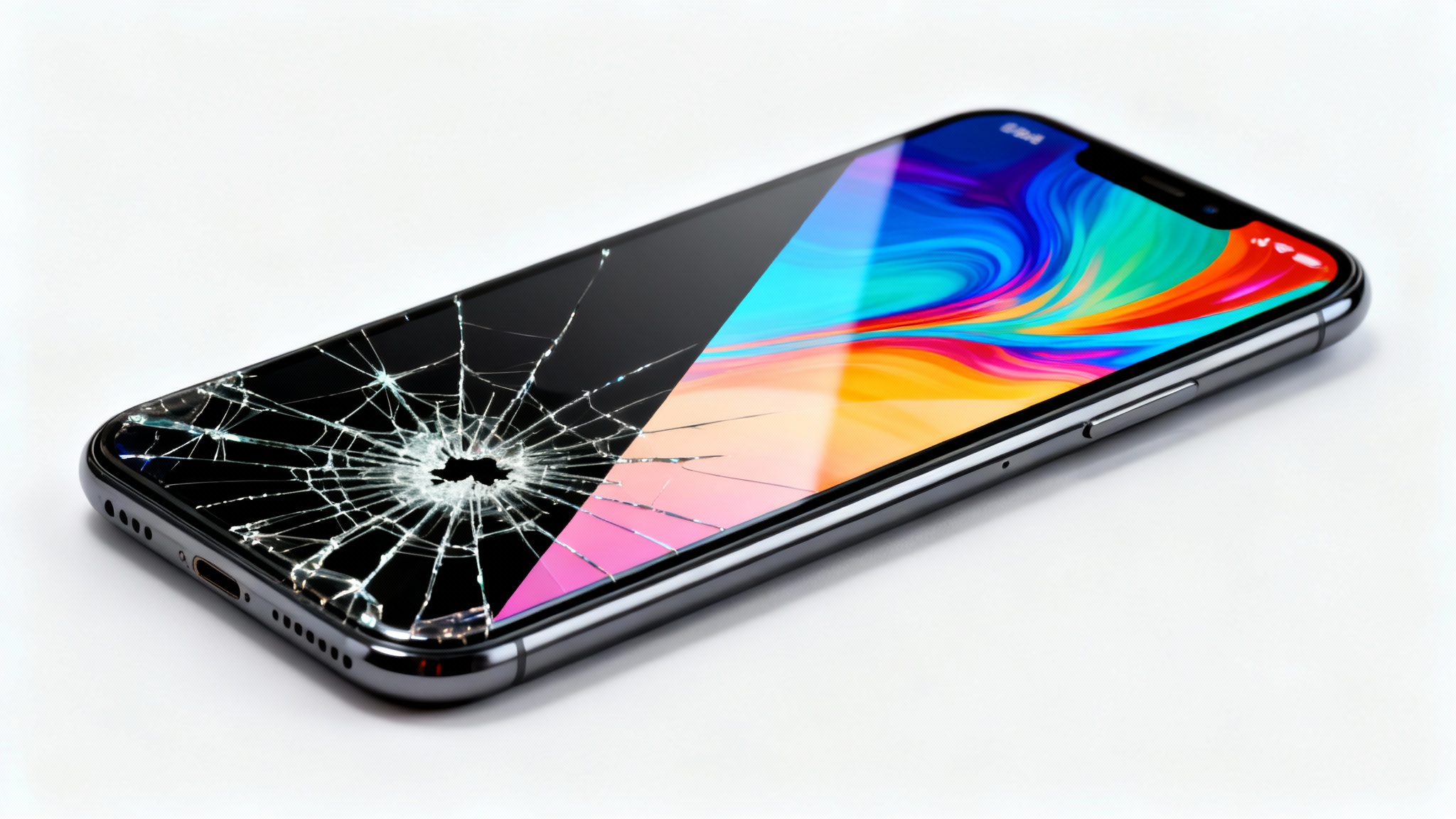 A close-up of a smartphone on a white background, visually split to show a before and after: one half of the screen is badly cracked and shattered, the other half is brand new and displaying a vibrant image.