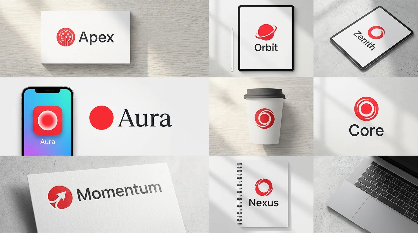 A collection of professionally designed logos, all featuring a red circle, mocked up on business cards and app screens to showcase a logo design tool's final results.