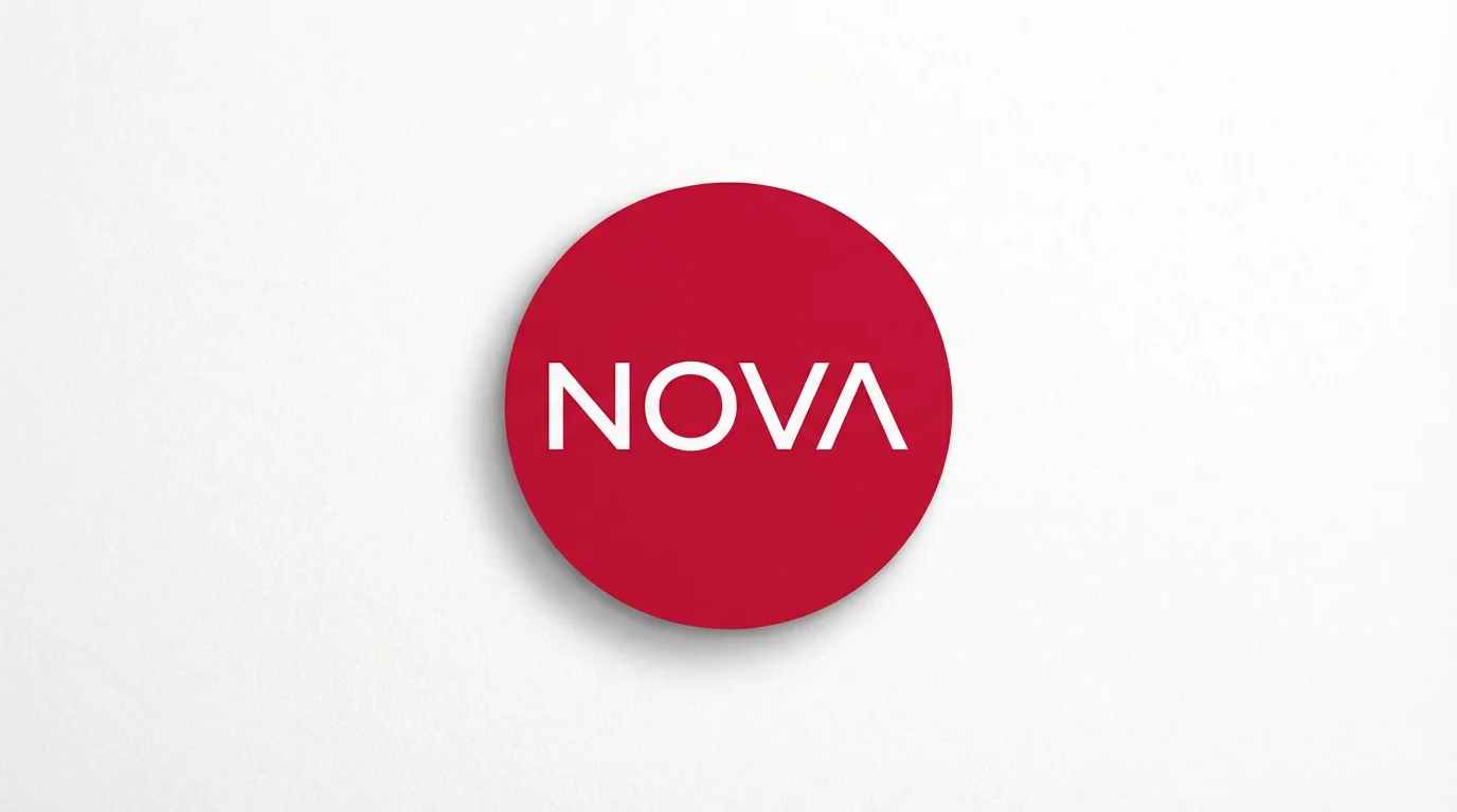 A professional mockup of a minimalist logo, featuring the brand name 'NOVA' in white text inside a bold red circle, set against a clean white background.