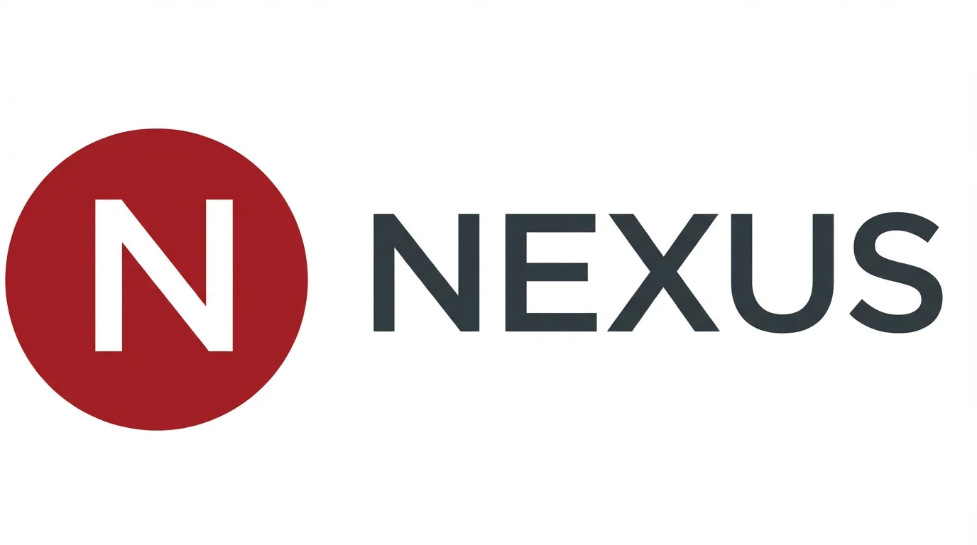 A professional mockup of a modern logo with a solid red circle containing a white letter 'N', next to the word 'NEXUS' in a dark gray font, all on a clean white background.