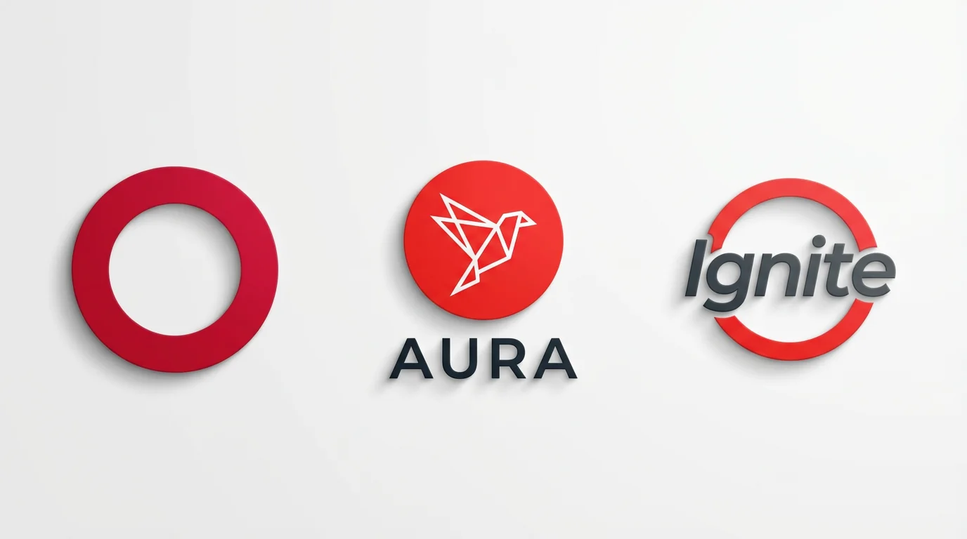 A mockup showcasing three different modern logo designs, each featuring a prominent red circle element, displayed against a clean white background.