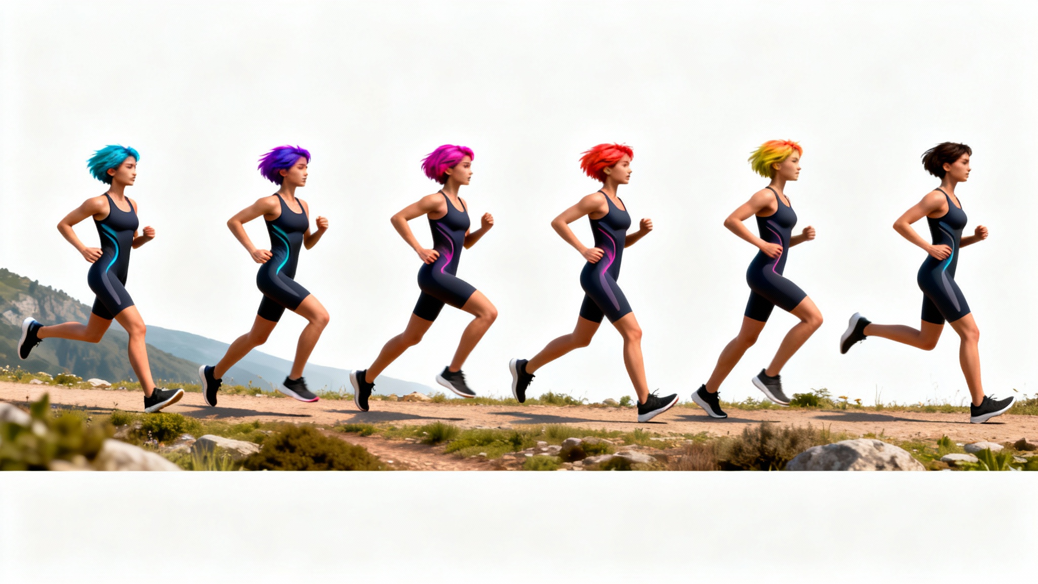 A sequence of six animation frames displayed horizontally, showing the final result of a running cycle animation. The frames depict an athletic woman with vibrant hair progressing through a realistic running motion.