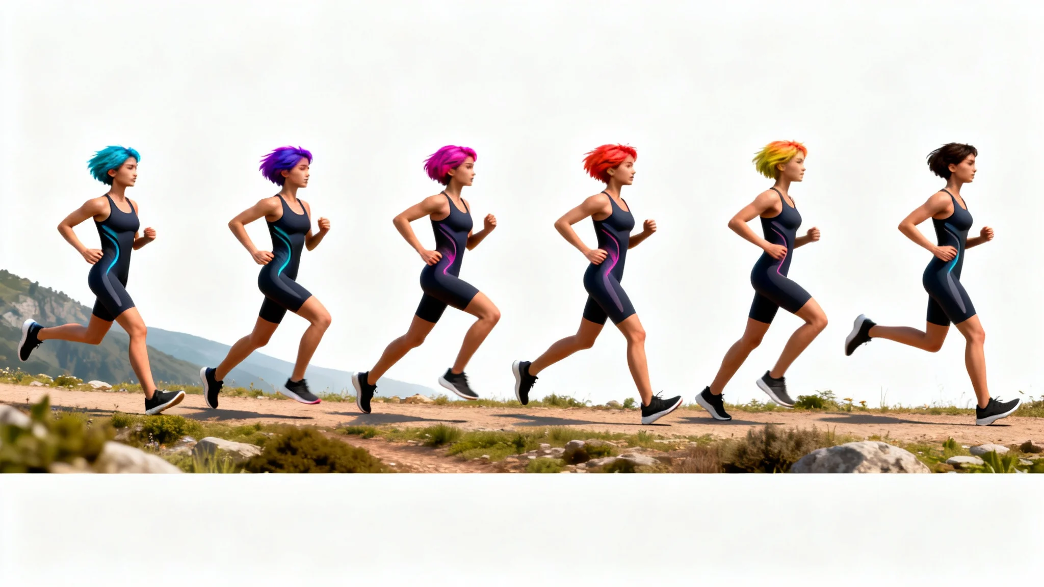 A sequence of six animation frames displayed horizontally, showing the final result of a running cycle animation. The frames depict an athletic woman with vibrant hair progressing through a realistic running motion.