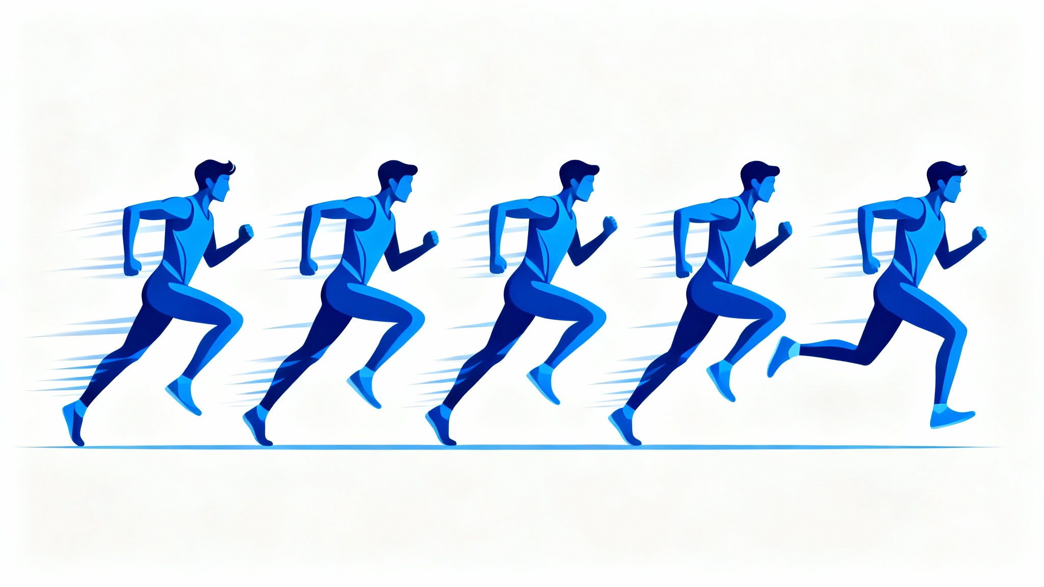 A stylized animation sequence of a person running, shown as a series of overlapping blue silhouettes against a white background, illustrating a full running cycle.