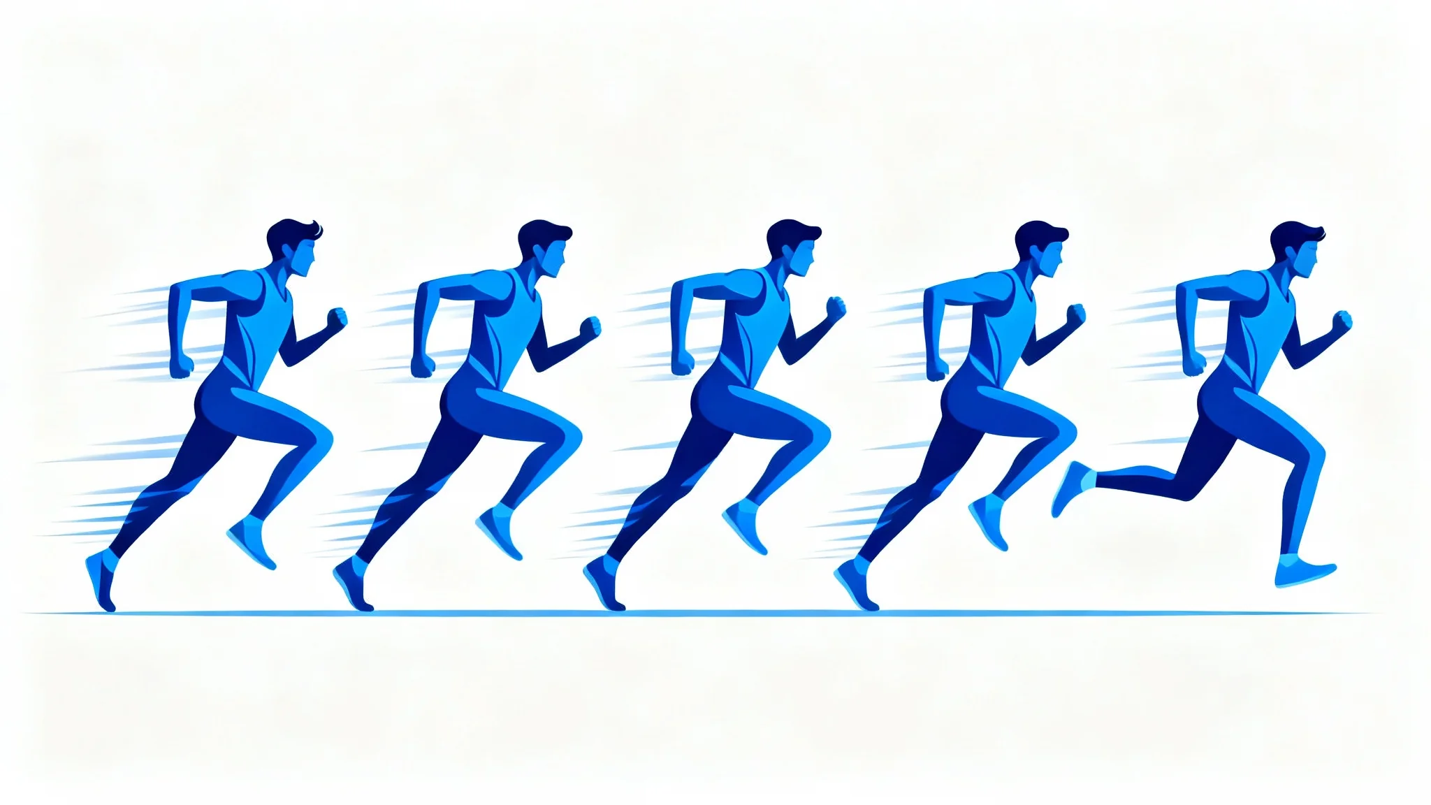 A stylized animation sequence of a person running, shown as a series of overlapping blue silhouettes against a white background, illustrating a full running cycle.