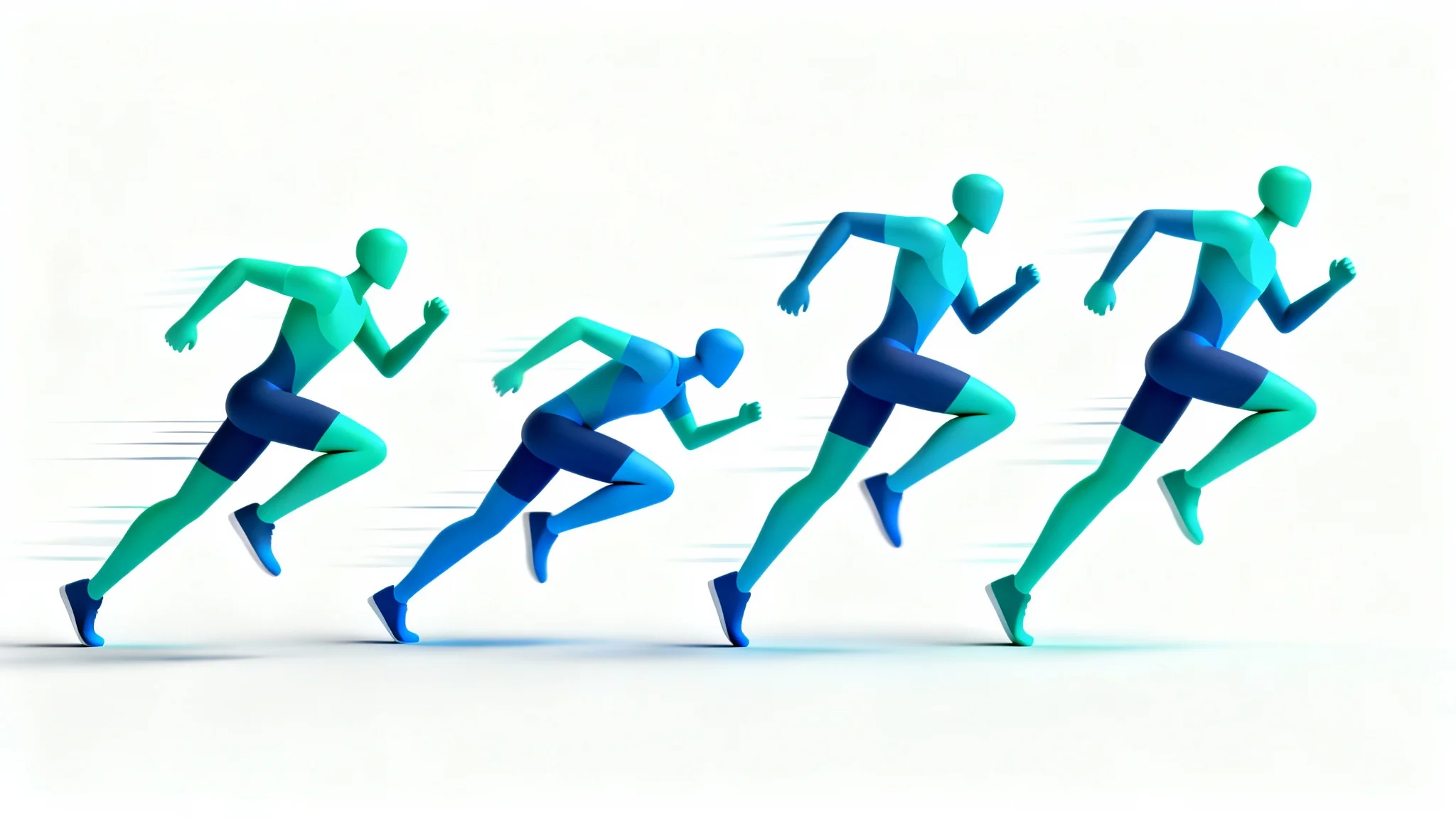 An illustration depicting the four keyframes of a running cycle animation, featuring a stylized blue athletic figure in motion against a clean white background.