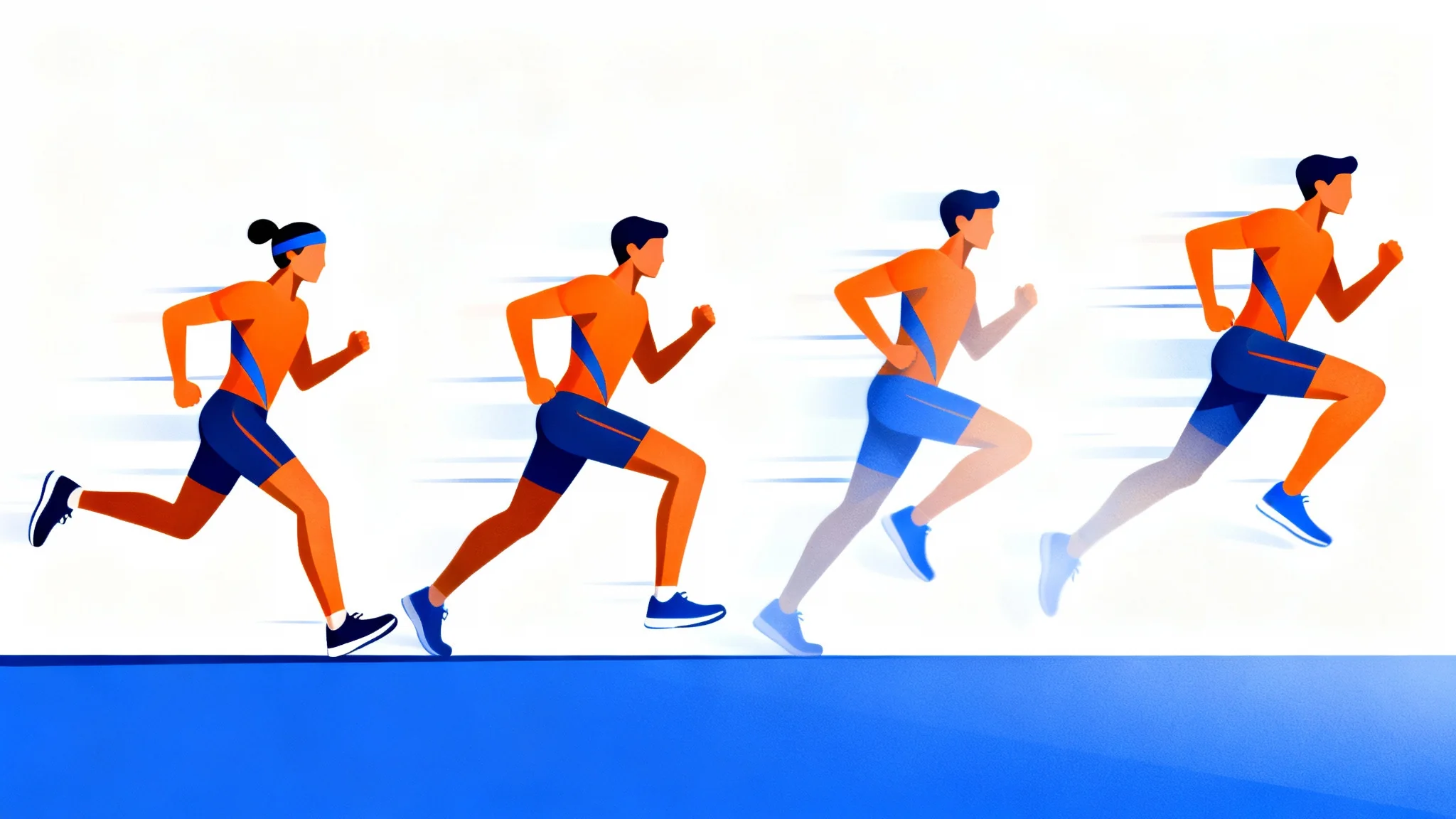 A stylized animation sequence of a runner, showing four keyframes of a running cycle from left to right on a white background.