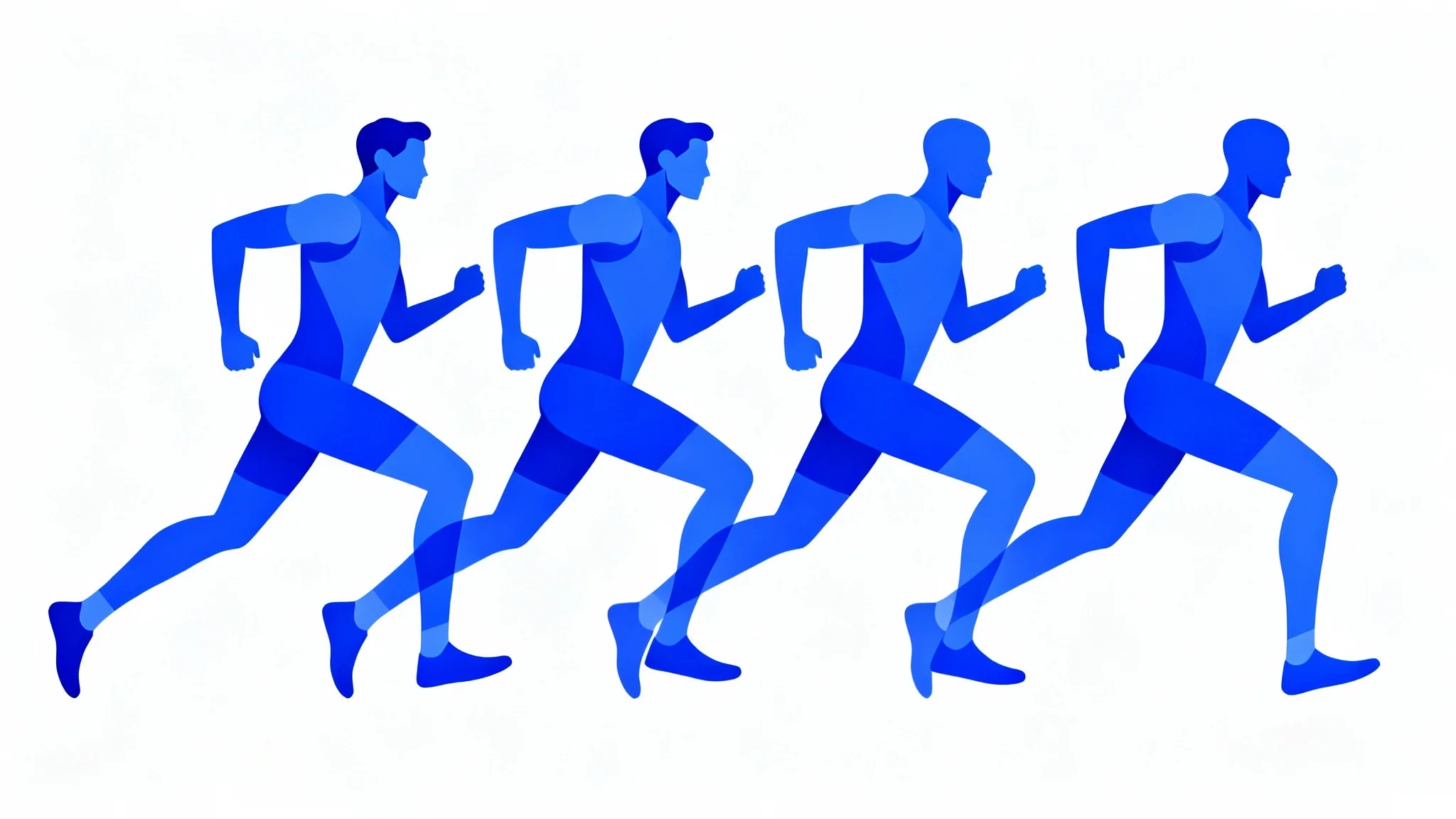 A minimalist illustration showing the key stages of a running animation cycle, with four sequential poses of a stylized blue figure against a plain white background.